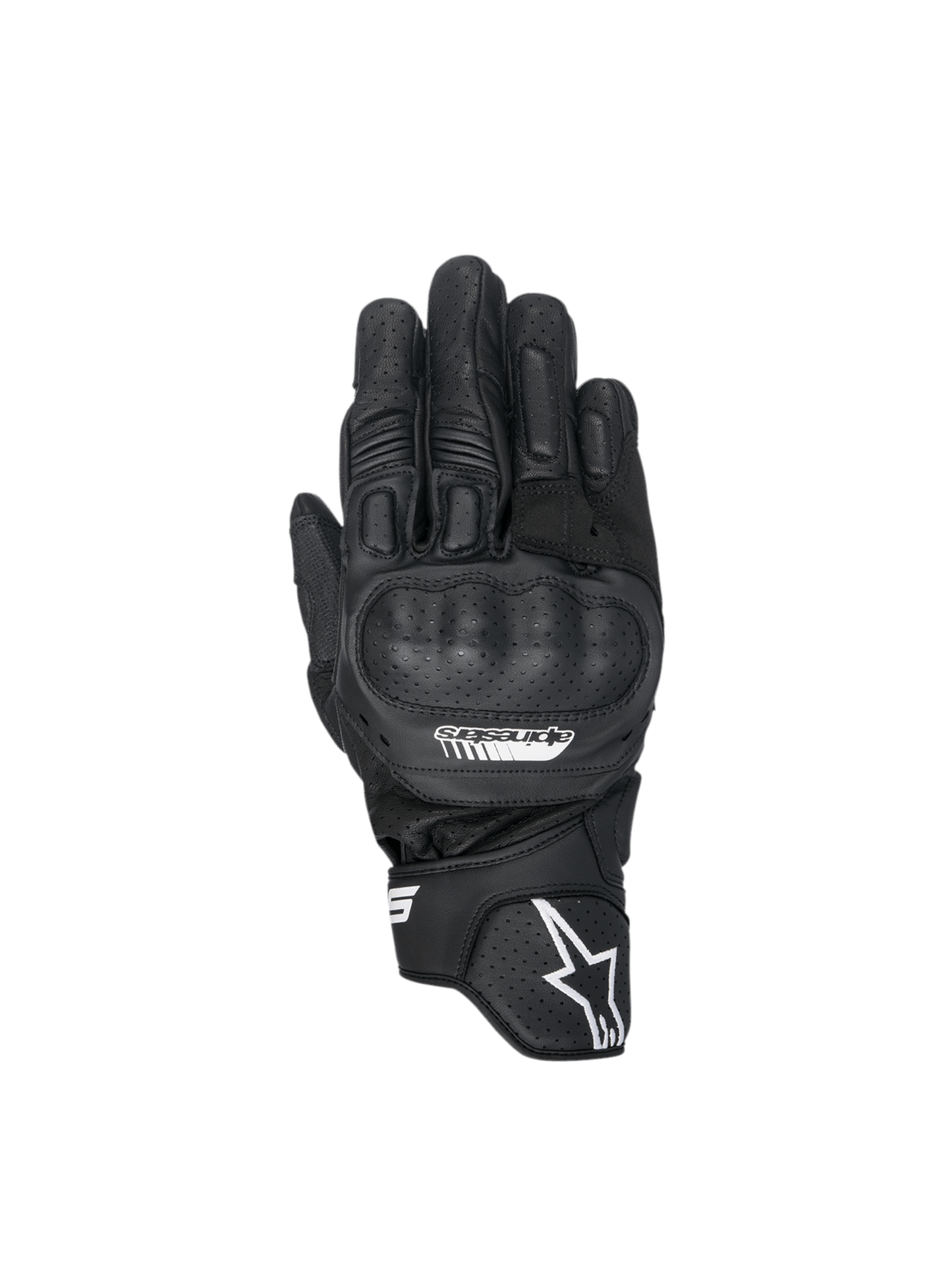 Alpinestars SP-5 Gloves, Black leather motorcycle racing gloves with polymer knuckle guards and perforated details.