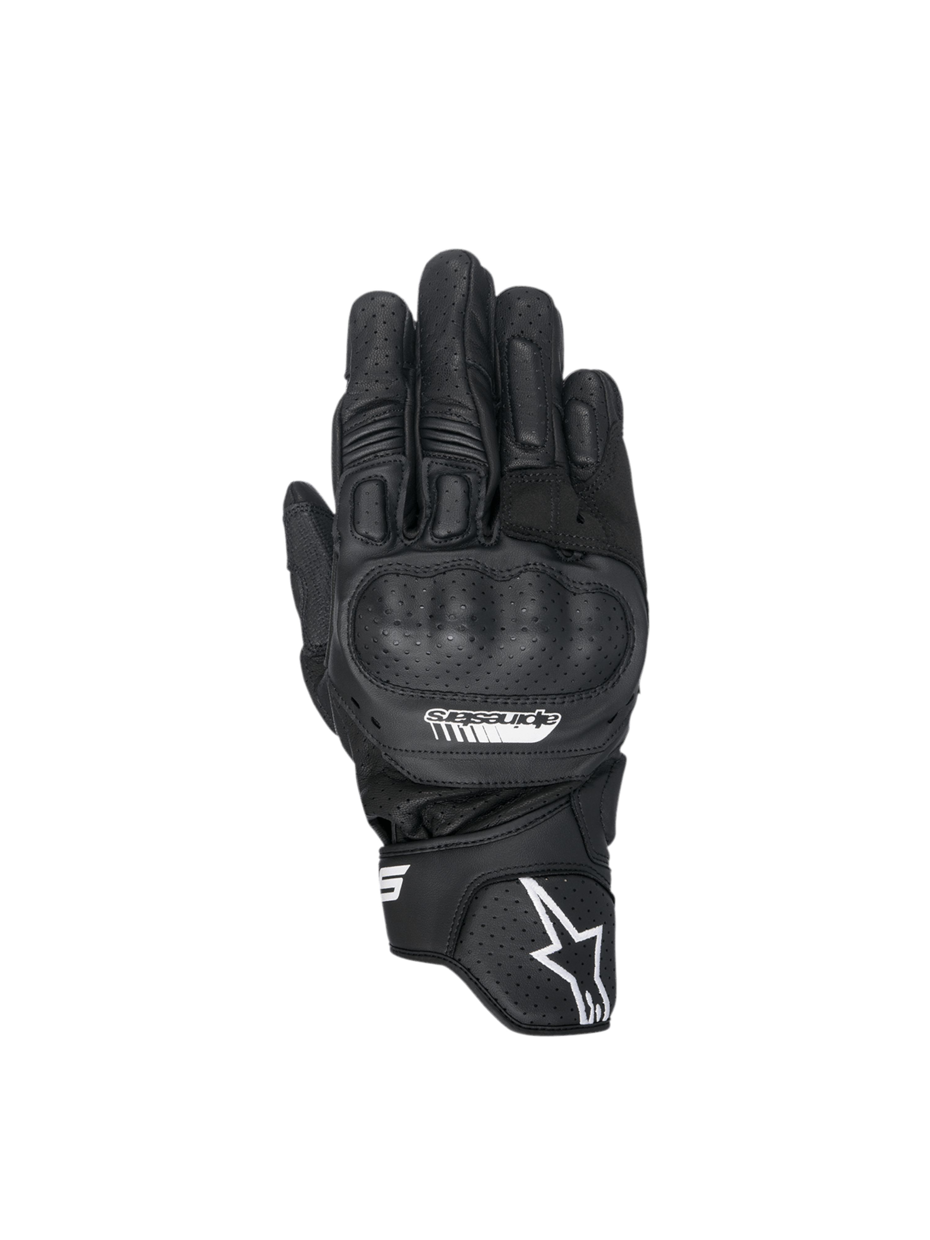 Alpinestars SP-5 Gloves, Black leather motorcycle racing gloves with polymer knuckle guards and perforated details.