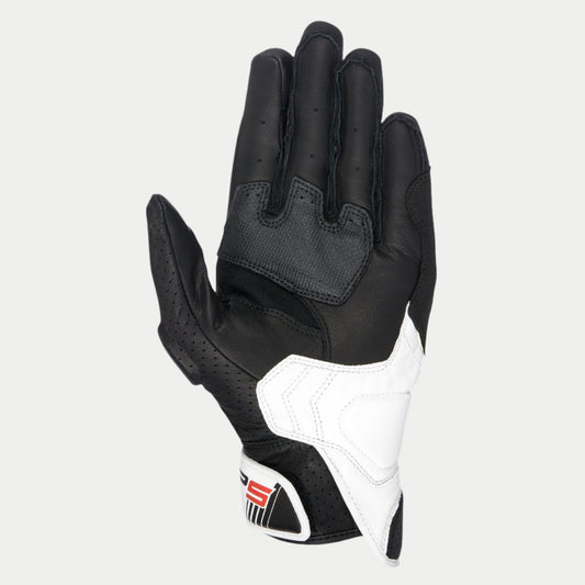 Alpinestars SP-5 Gloves, palm view, Black and White leather, featuring microfiber grip inserts on the palm and thumb, perforated leather for ventilation, white reinforcement on the pinky side, and SP-5 branding on the wrist closure.