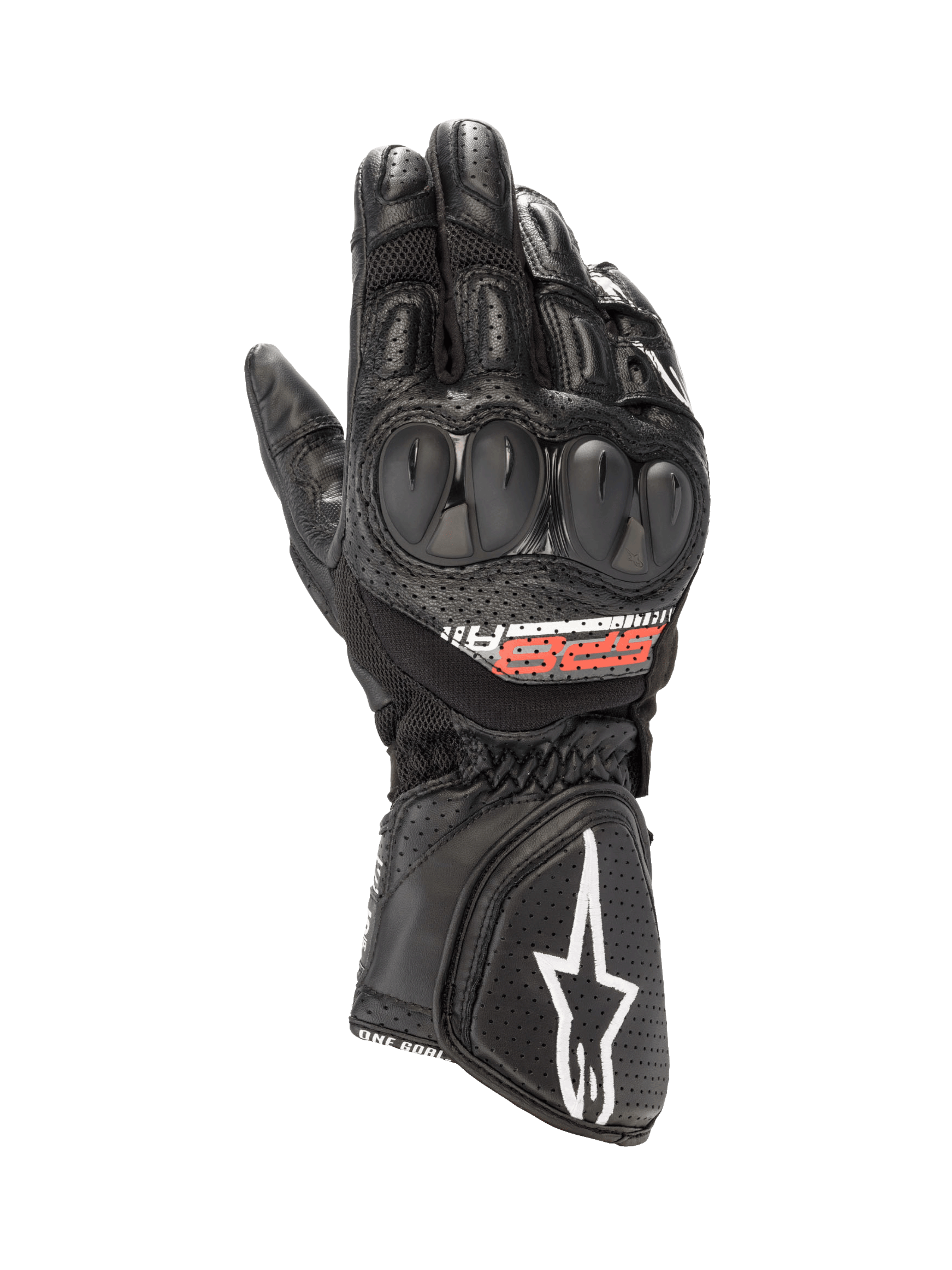Alpinestars SP-8 V3 Air Gloves, Motorcycle Racing Gloves, Black, dual-density knuckle protection, perforated leather and mesh.