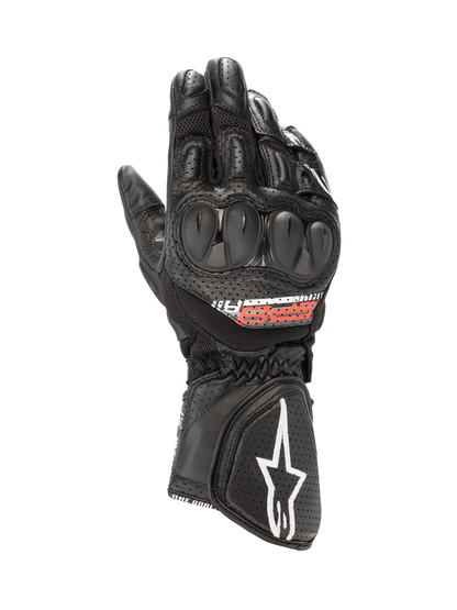 Alpinestars SP-8 V3 Air Gloves, Motorcycle Racing Gloves, Black, dual-density knuckle protection, perforated leather and mesh.