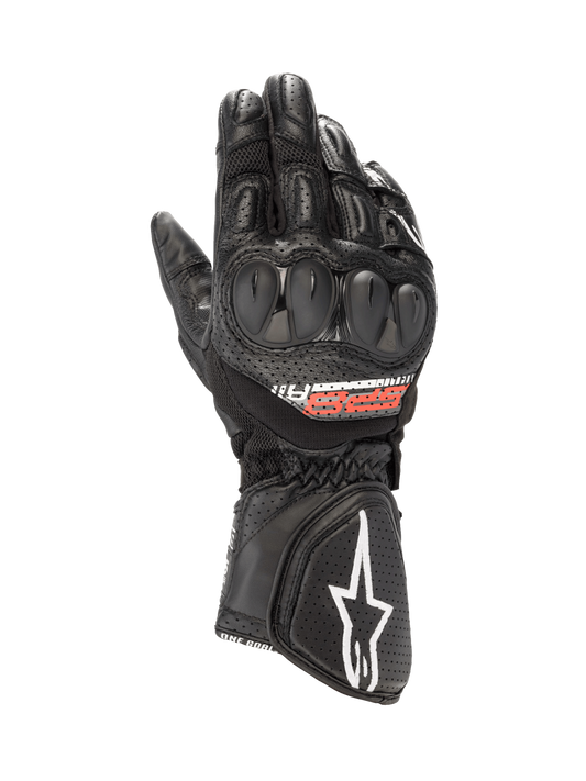 Alpinestars SP-8 V3 Air Gloves, Motorcycle Racing Gloves, Black, dual-density knuckle protection, perforated leather and mesh.