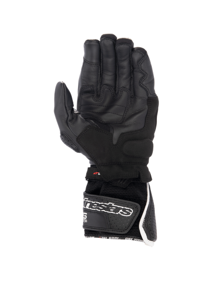 Alpinestars SP-8 V3 Air Gloves, black and white men's racing motorcycle gloves with perforated leather and a secure palm grip.
