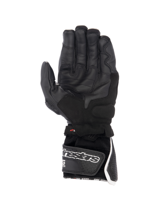 Alpinestars SP-8 V3 Air Gloves, black and white men's racing motorcycle gloves with perforated leather and a secure palm grip.