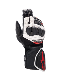 Alpinestars SP-8 V3 Air Gloves, men's motorcycle racing gloves in black and white with red accents and knuckle protection.