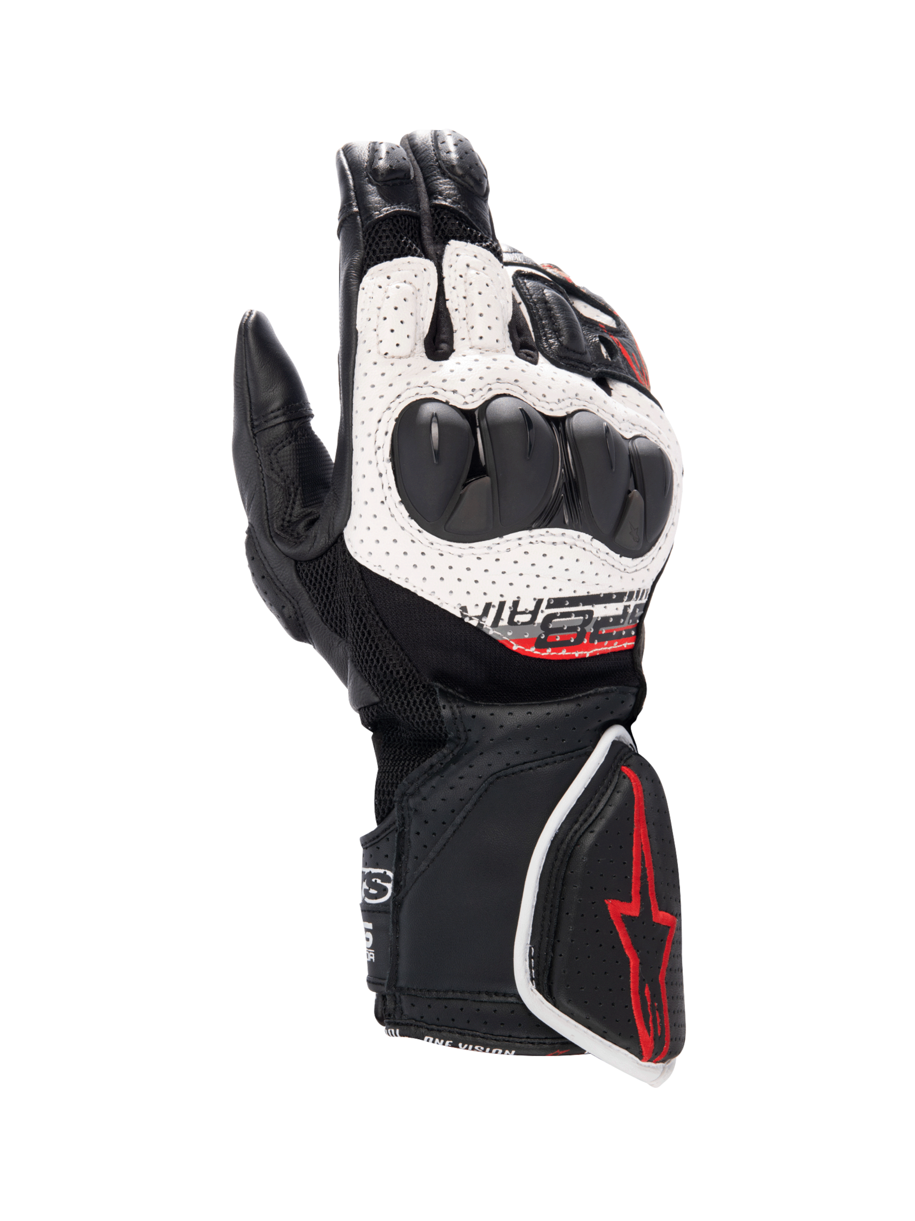 Alpinestars SP-8 V3 Air Gloves, men's motorcycle racing gloves in black and white with red accents and knuckle protection.