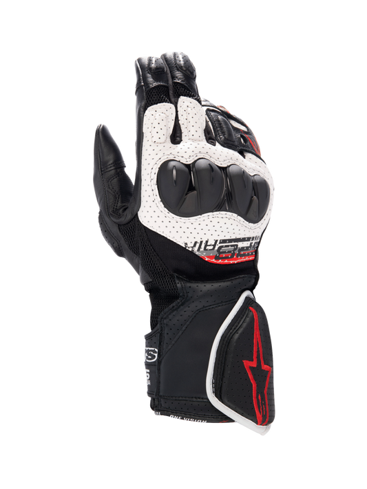 Alpinestars SP-8 V3 Air Gloves, men's motorcycle racing gloves in black and white with red accents and knuckle protection.