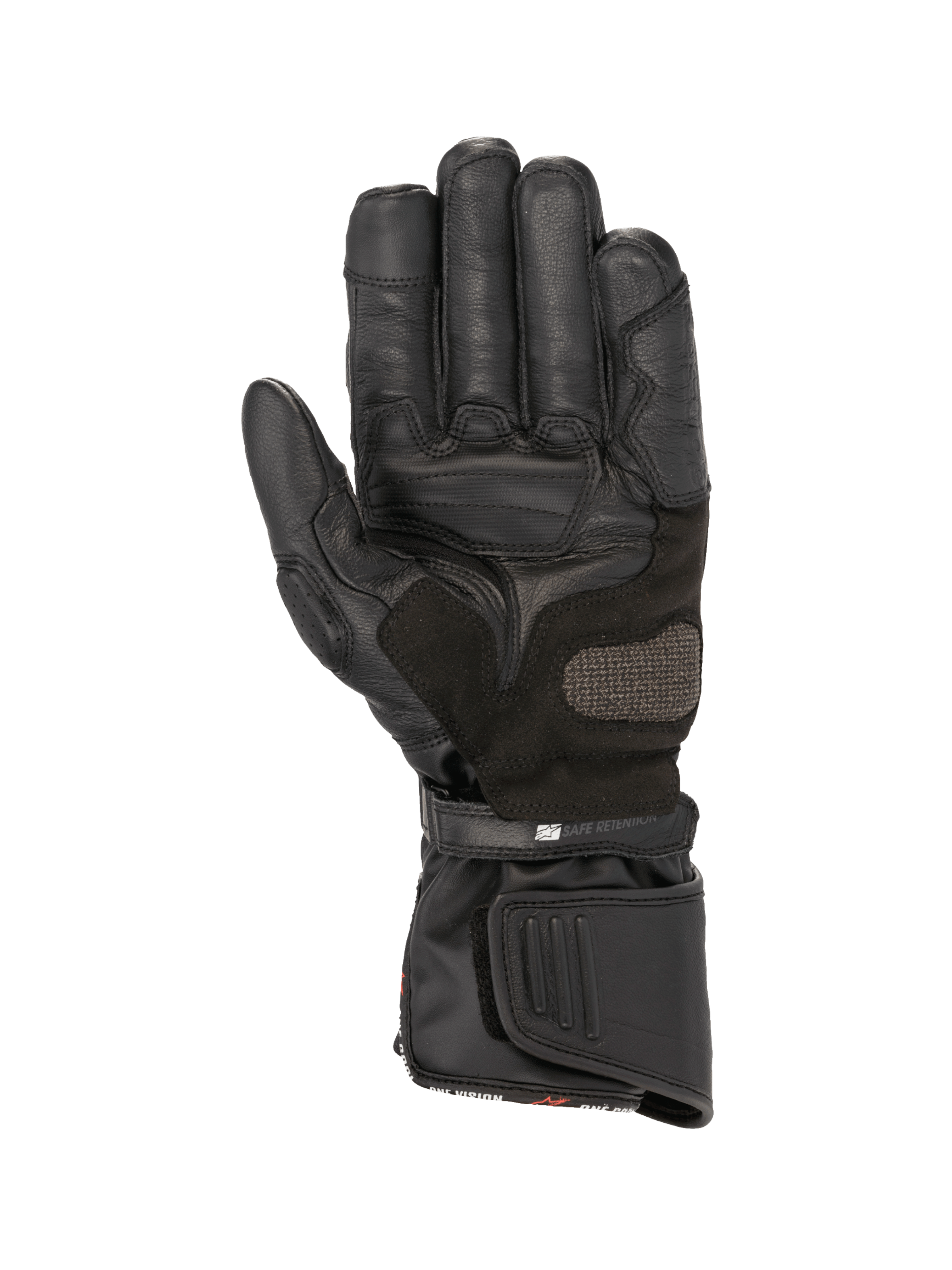 Alpinestars SP-8 HDry Gloves, black waterproof leather motorcycle racing gloves featuring a reinforced palm and dual closure.