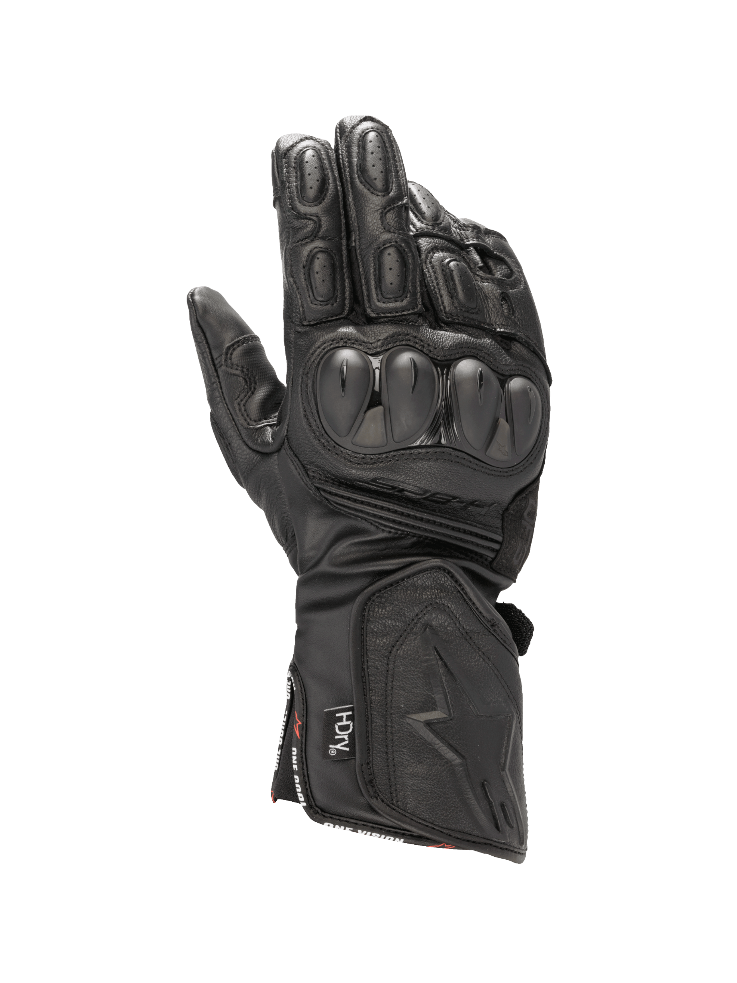 Alpinestars SP-8 HDry® Gloves, waterproof black leather motorcycle racing gloves with dual-density knuckle protection.