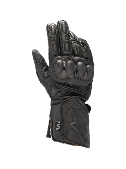 Alpinestars SP-8 HDry® Gloves, waterproof black leather motorcycle racing gloves with dual-density knuckle protection.