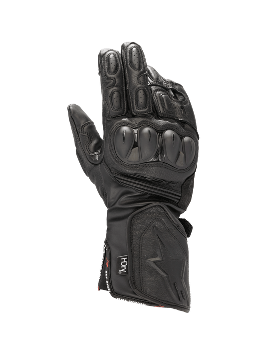 Alpinestars SP-8 HDry® Gloves, waterproof black leather motorcycle racing gloves with dual-density knuckle protection.