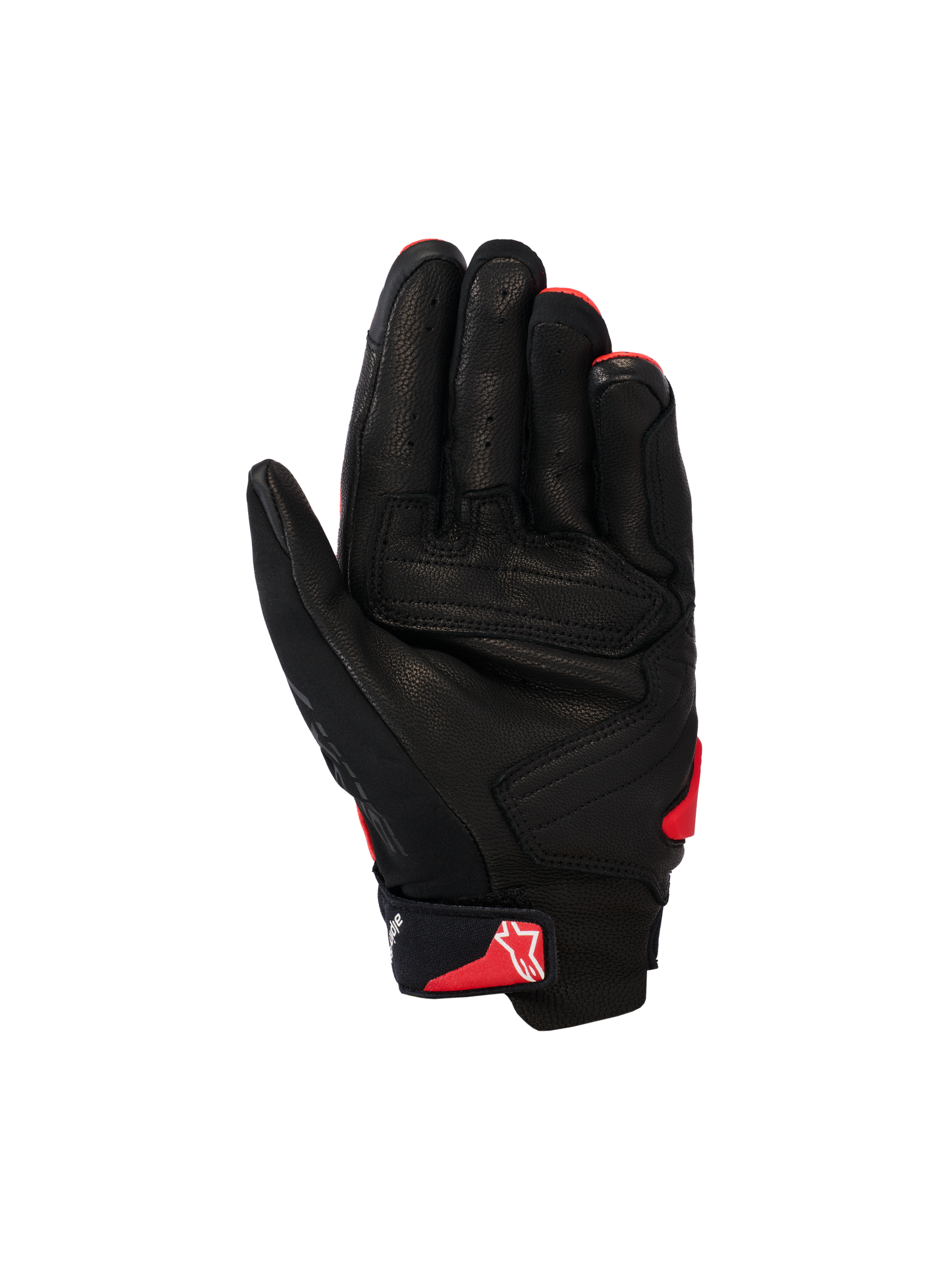 Alpinestars SP X 7 Gloves, Short-Cuff Motorcycle Gloves, Black and Bright Red, palm view showing perforated leather construction, reinforced palm panels, and red Astars logo on the wrist strap