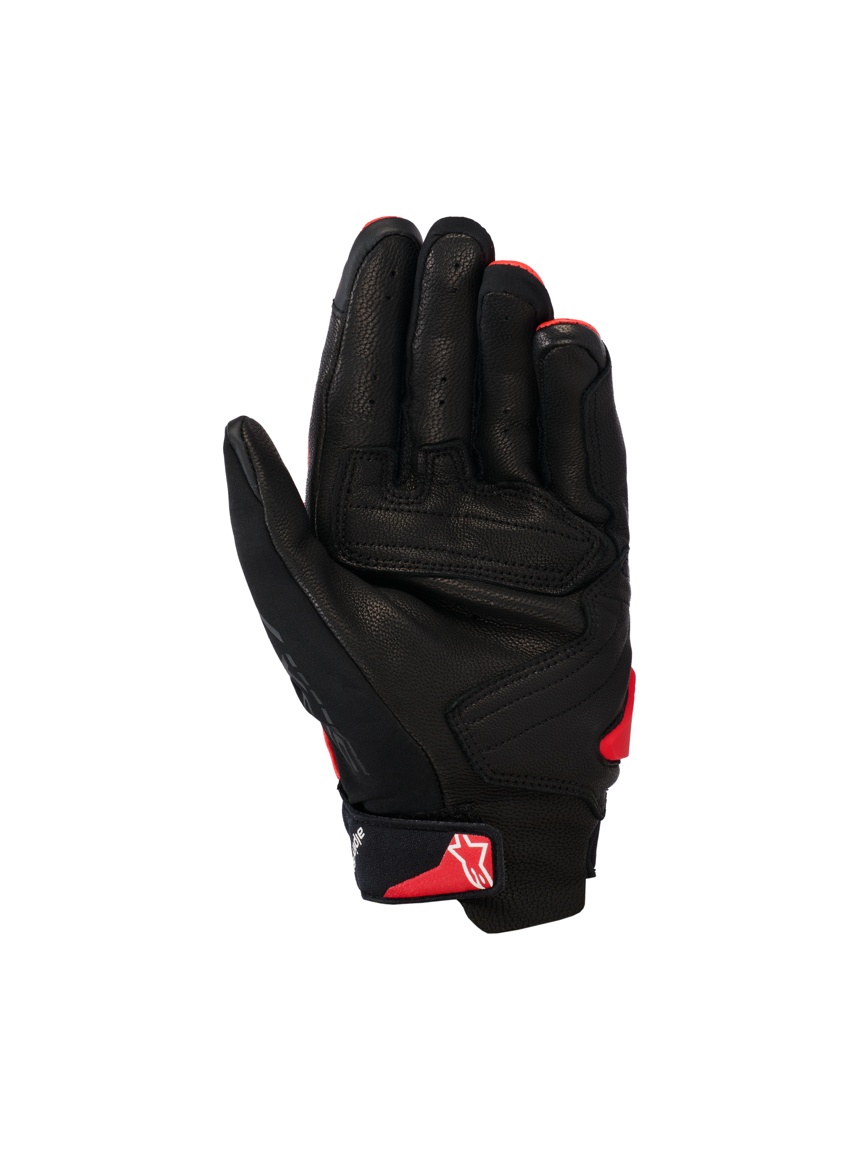 Alpinestars SP X 7 Gloves, Short-Cuff Motorcycle Gloves, Black and Bright Red, palm view showing perforated leather construction, reinforced palm panels, and red Astars logo on the wrist strap