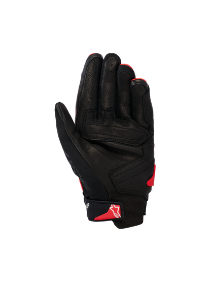 Alpinestars SP X 7 Gloves, Short-Cuff Motorcycle Gloves, Black and Bright Red, palm view showing perforated leather construction, reinforced palm panels, and red Astars logo on the wrist strap