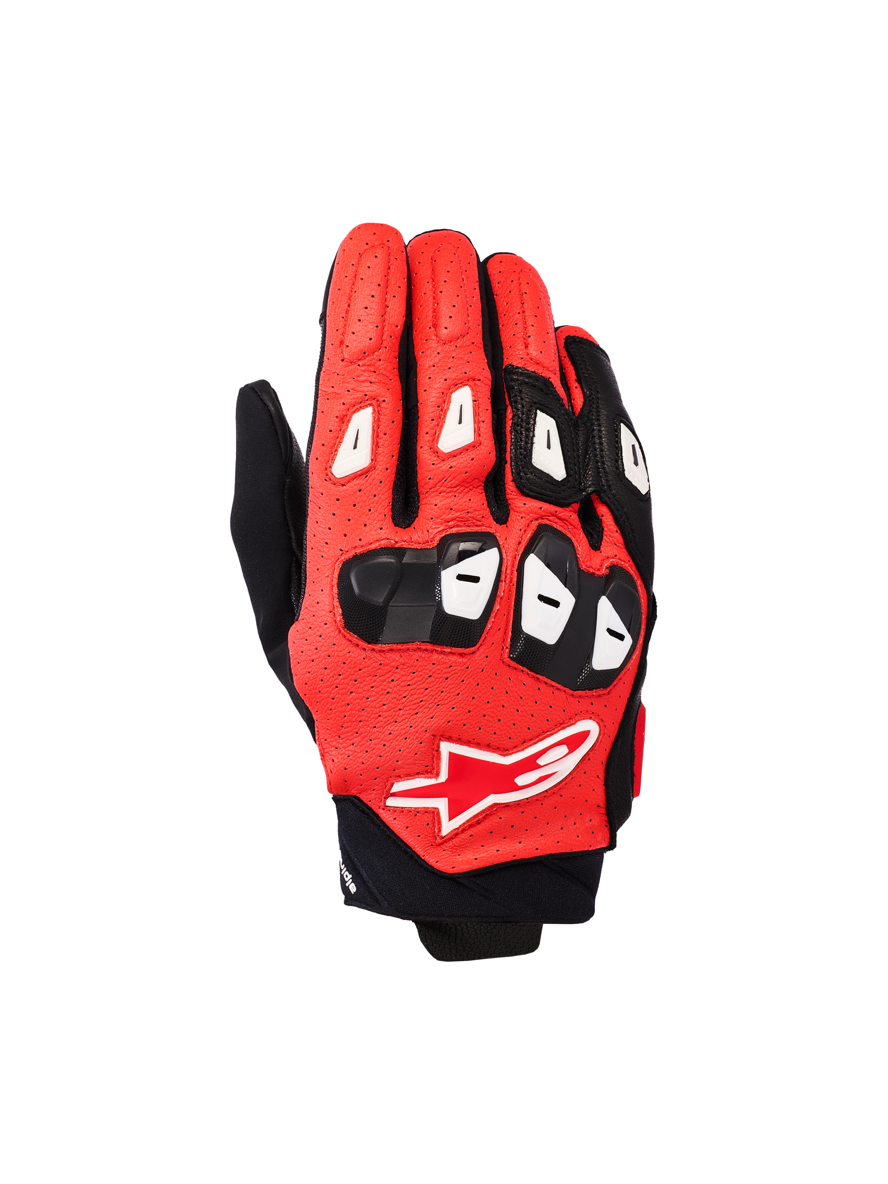 Alpinestars SP X 7 Gloves, short-cuff motorcycle racing gloves, Black Bright Red White, featuring perforated leather construction, TPU knuckle and finger protection, and the Alpinestars star logo on the back of the hand