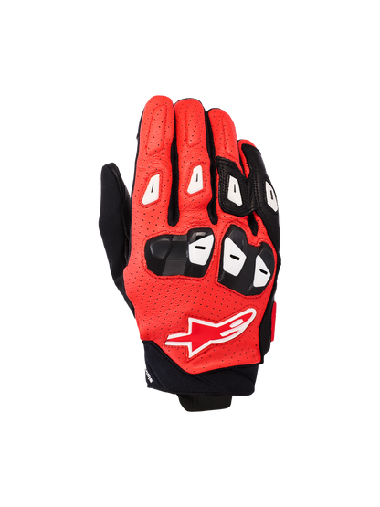 Alpinestars SP X 7 Gloves, short-cuff motorcycle racing gloves, Black Bright Red White, featuring perforated leather construction, TPU knuckle and finger protection, and the Alpinestars star logo on the back of the hand