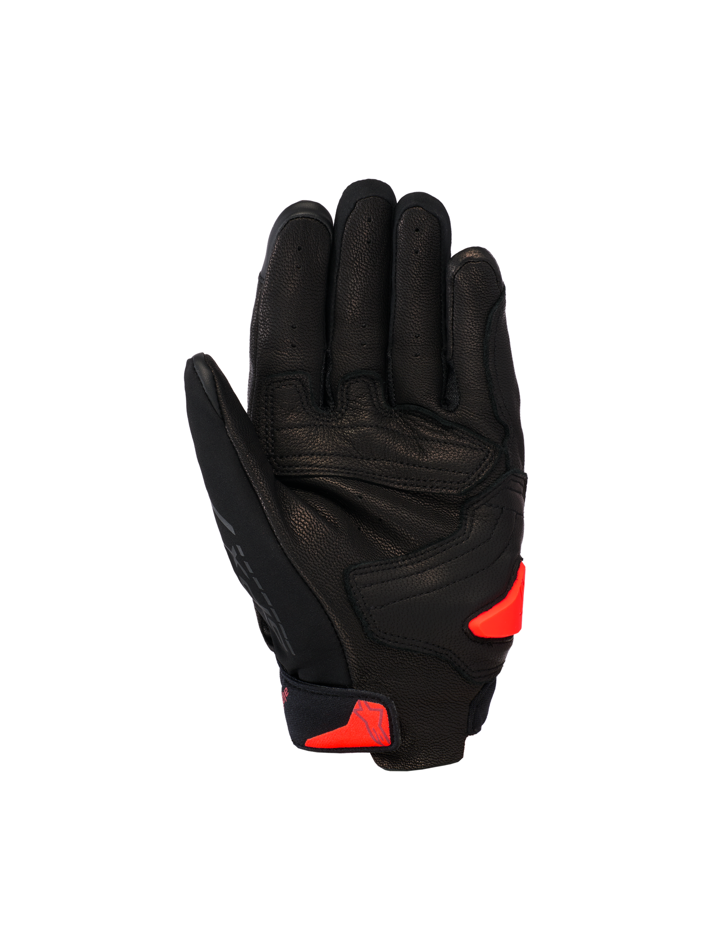 Alpinestars SP X 7 Gloves, Short Sports Motorcycle Gloves, Black with Red Fluo accents, palm view showing perforated leather construction, reinforced palm area, and TPR palm slider.