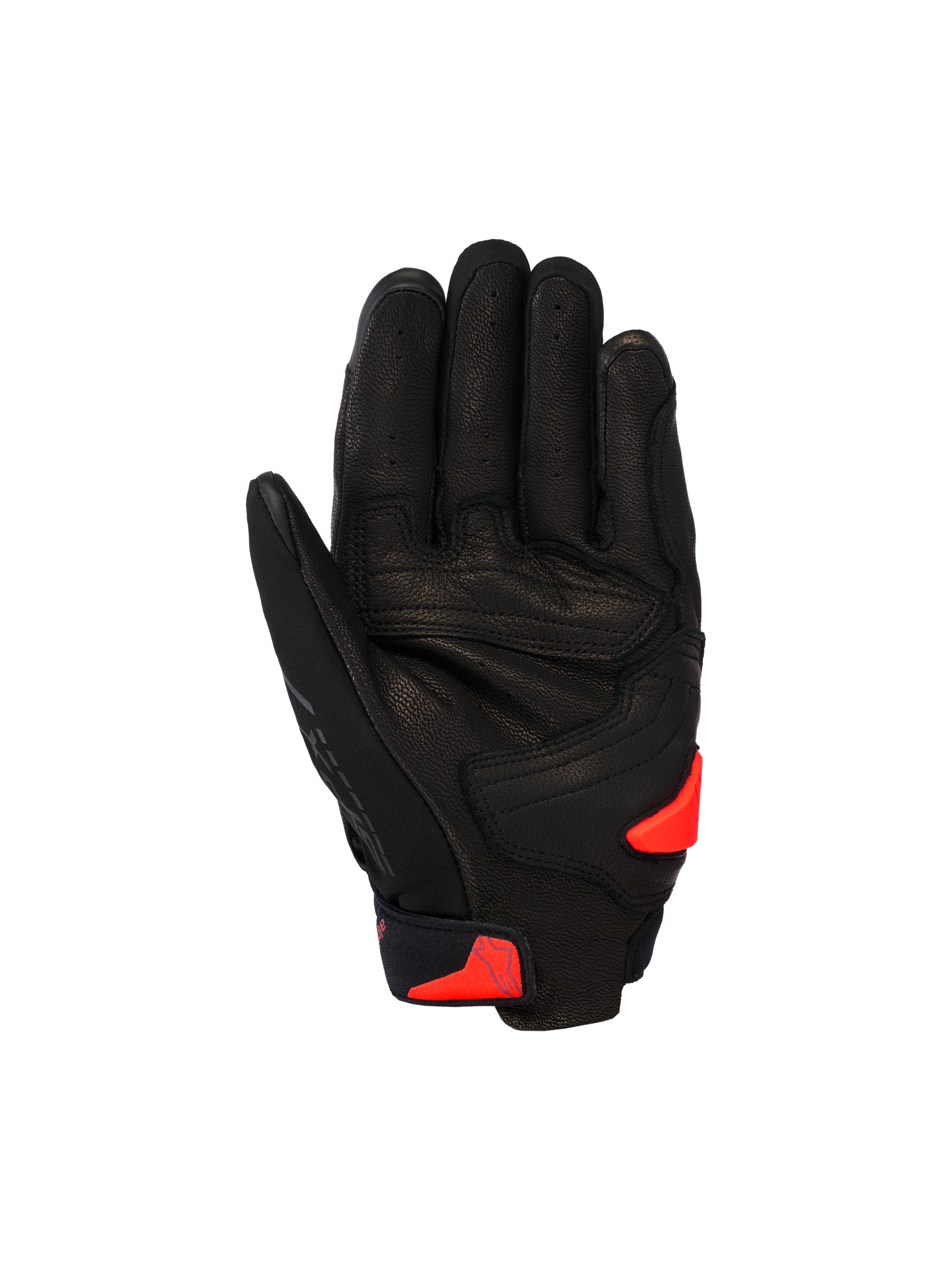 Alpinestars SP X 7 Gloves, Short Sports Motorcycle Gloves, Black with Red Fluo accents, palm view showing perforated leather construction, reinforced palm area, and TPR palm slider.