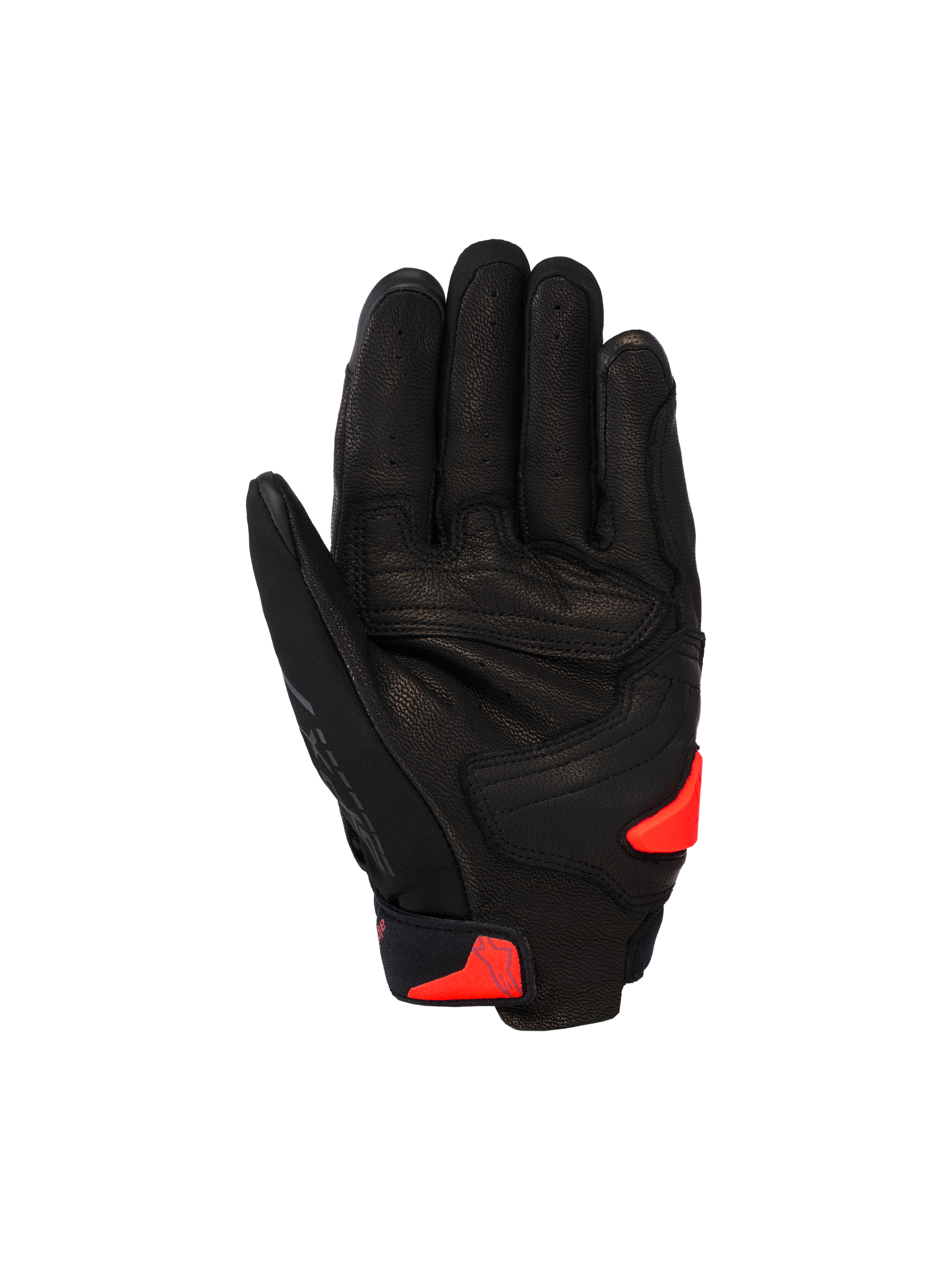 Alpinestars SP X 7 Gloves, Short Sports Motorcycle Gloves, Black with Red Fluo accents, palm view showing perforated leather construction, reinforced palm area, and TPR palm slider.