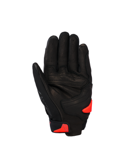 Alpinestars SP X 7 Gloves, Short Sports Motorcycle Gloves, Black with Red Fluo accents, palm view showing perforated leather construction, reinforced palm area, and TPR palm slider.