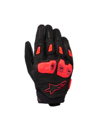 Alpinestars SP X 7 Gloves, Short-Cuff Motorcycle Sport Gloves, Black and Red Fluo, featuring perforated leather chassis with double-density TPU knuckle protection, TPR finger sliders, and a compact cuff design