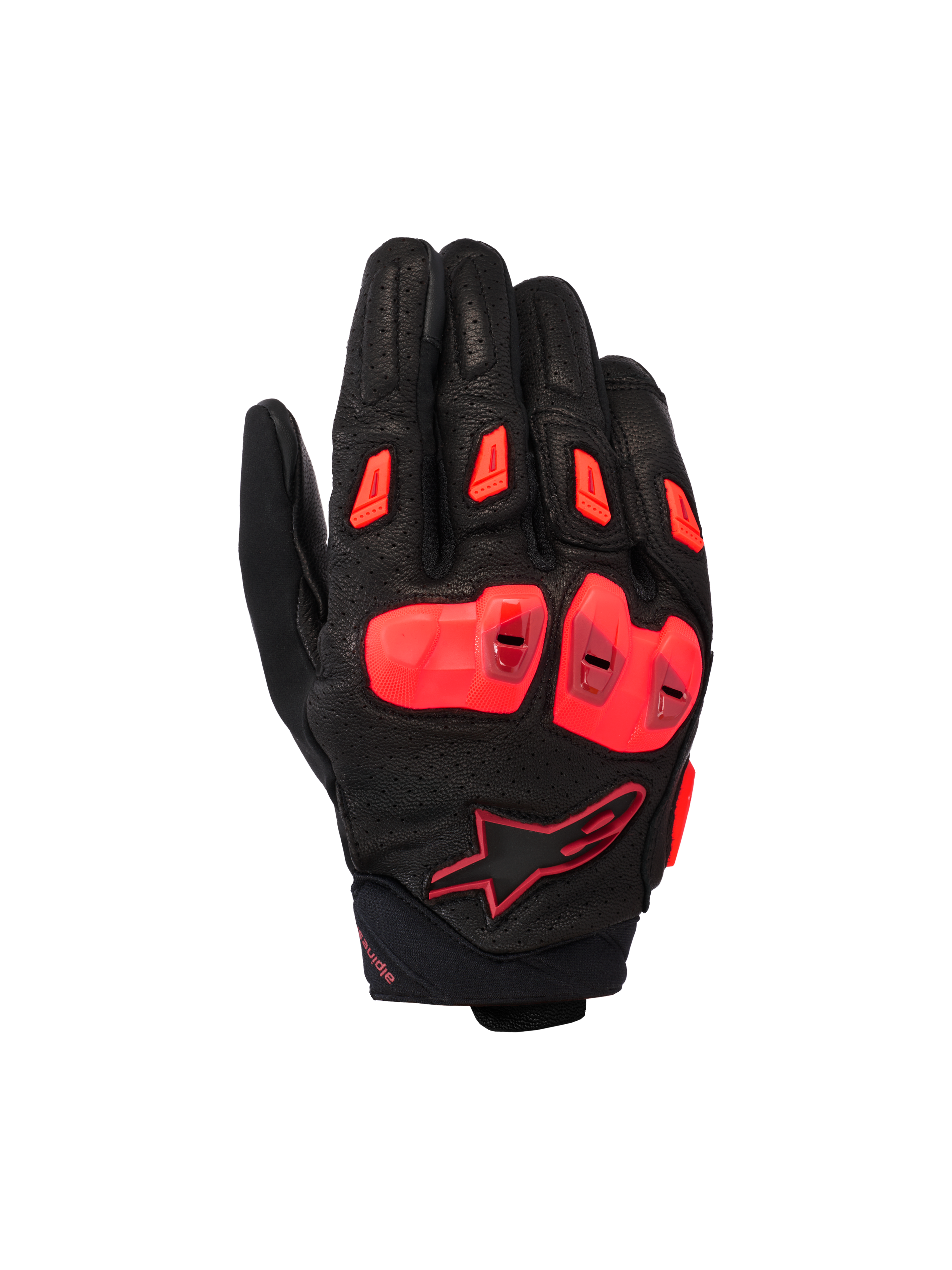 Alpinestars SP X 7 Gloves, Short-Cuff Motorcycle Sport Gloves, Black and Red Fluo, featuring perforated leather chassis with double-density TPU knuckle protection, TPR finger sliders, and a compact cuff design