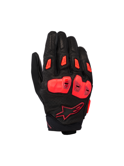 Alpinestars SP X 7 Gloves, Short-Cuff Motorcycle Sport Gloves, Black and Red Fluo, featuring perforated leather chassis with double-density TPU knuckle protection, TPR finger sliders, and a compact cuff design
