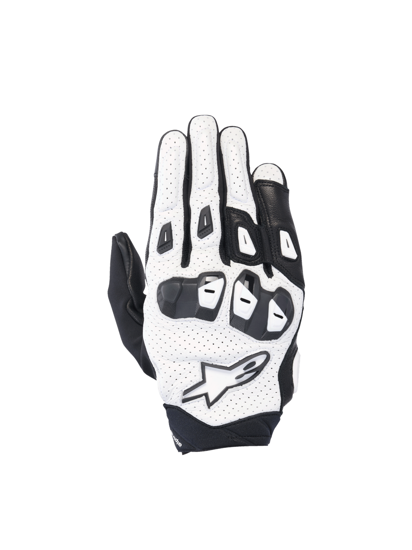 Alpinestars SP X 7 road racing gloves in white and black perforated leather with double-density TPU knuckles.