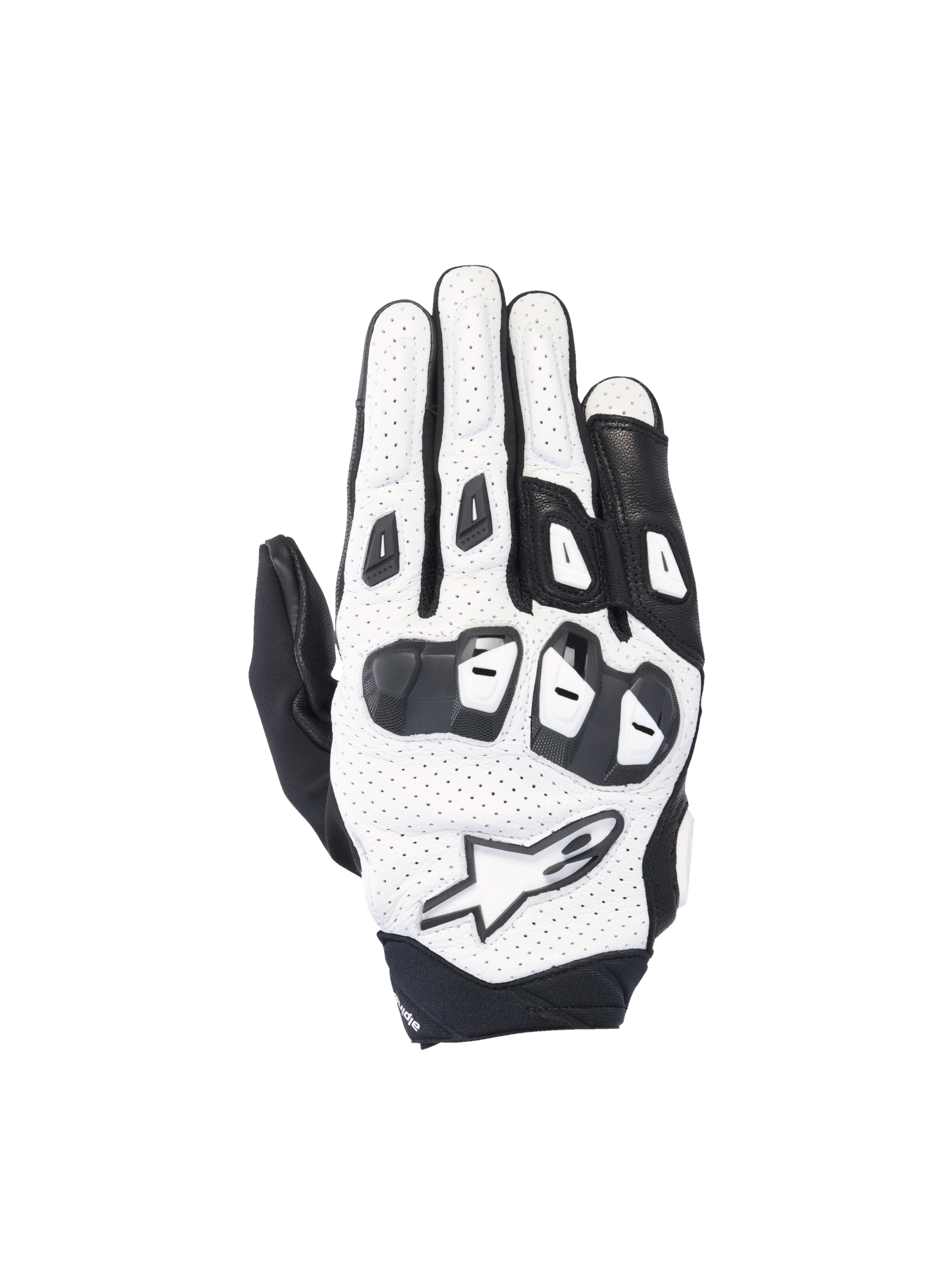 Alpinestars SP X 7 road racing gloves in white and black perforated leather with double-density TPU knuckles.