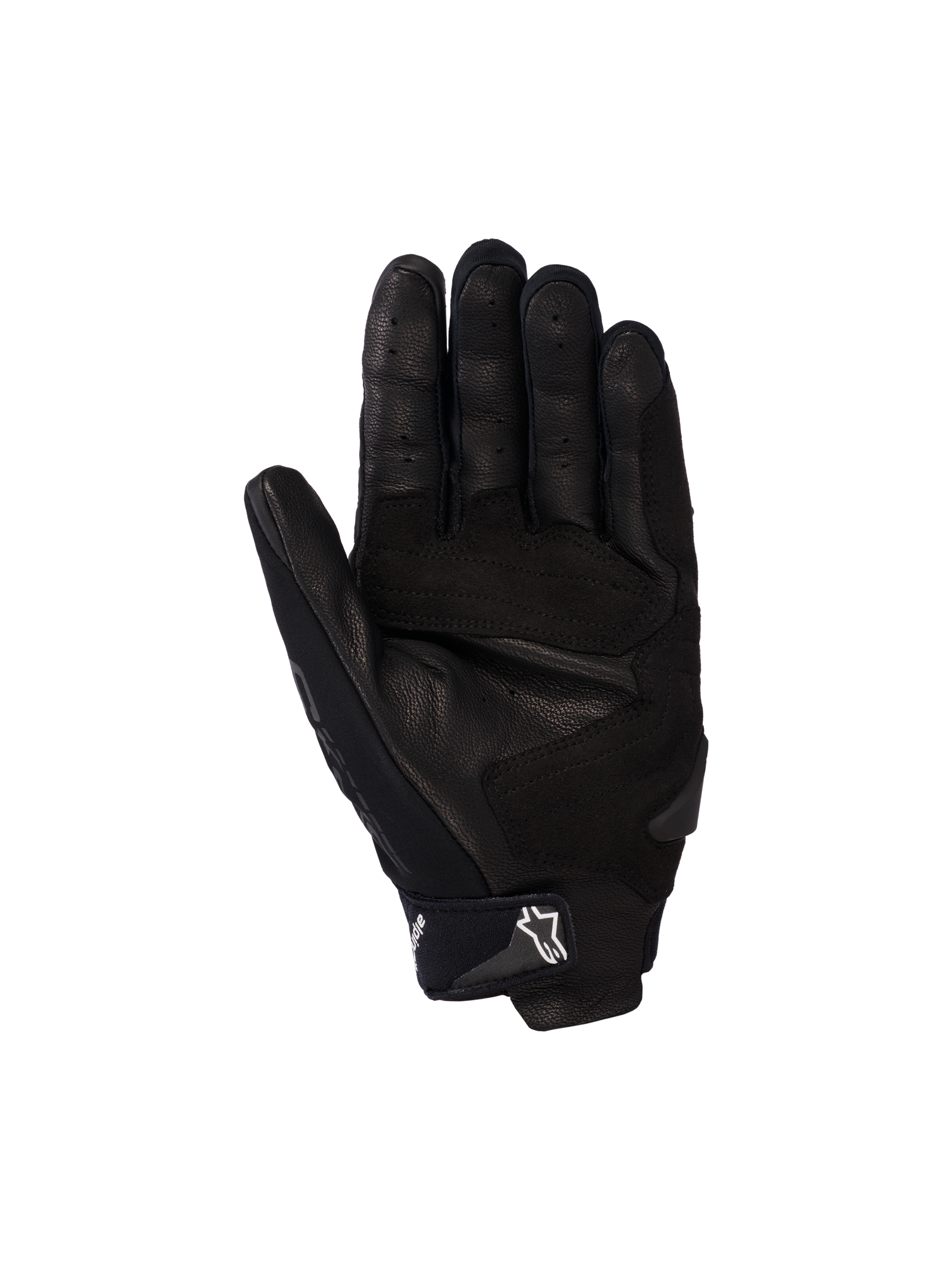 Alpinestars SP X 5 Air Gloves, Motorcycle Gloves, Black, palm view featuring perforated leather, reinforced palm sliders, and adjustable wrist strap with white star logo, sporty protective gear