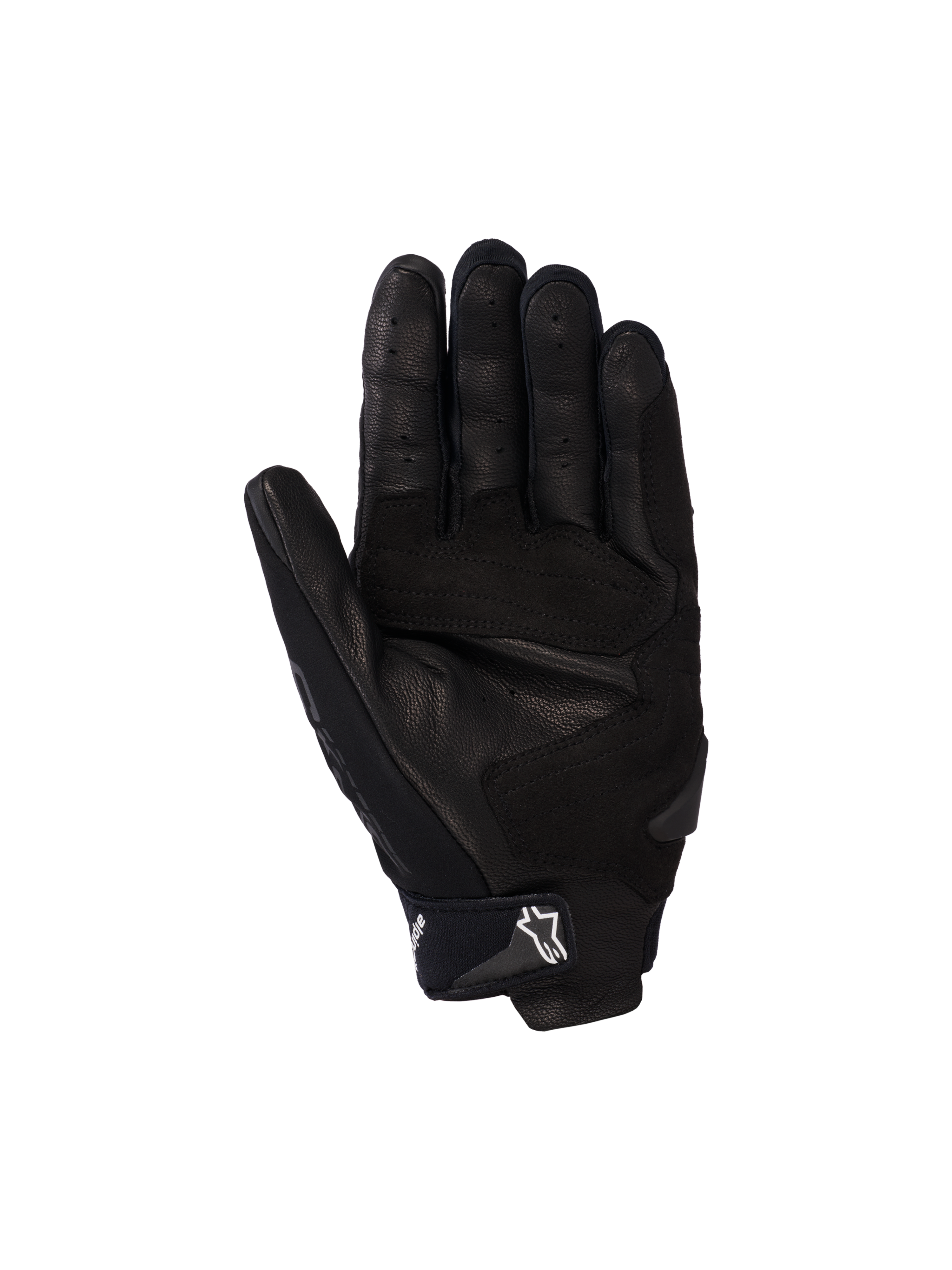 Alpinestars SP X 5 Air Gloves, Motorcycle Gloves, Black, palm view featuring perforated leather, reinforced palm sliders, and adjustable wrist strap with white star logo, sporty protective gear