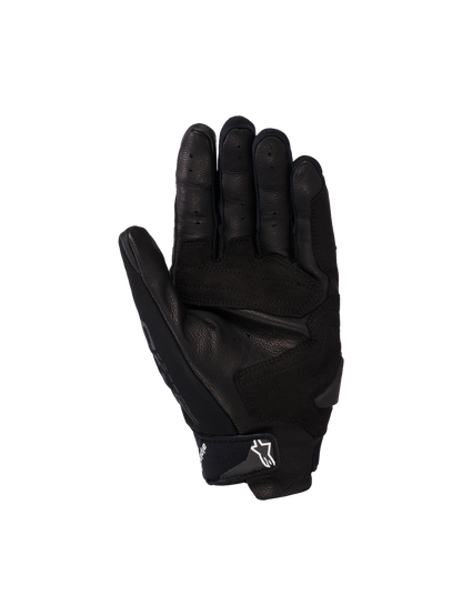 Alpinestars SP X 5 Air Gloves, Motorcycle Gloves, Black, palm view featuring perforated leather, reinforced palm sliders, and adjustable wrist strap with white star logo, sporty protective gear
