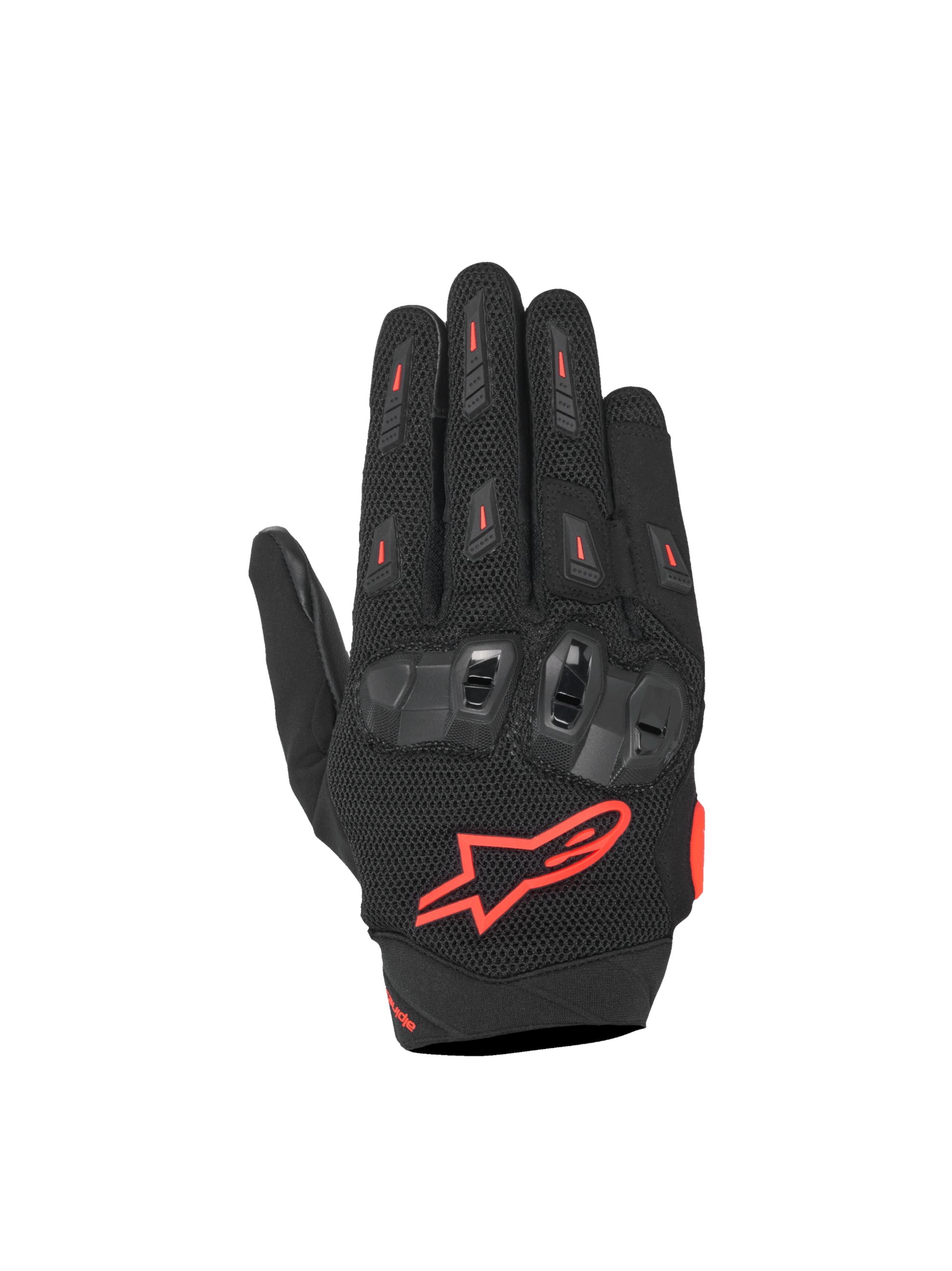 Alpinestars SP X 5 Air Gloves, black and red fluo motorcycle racing gloves with 3D mesh and TPU knuckle protection.