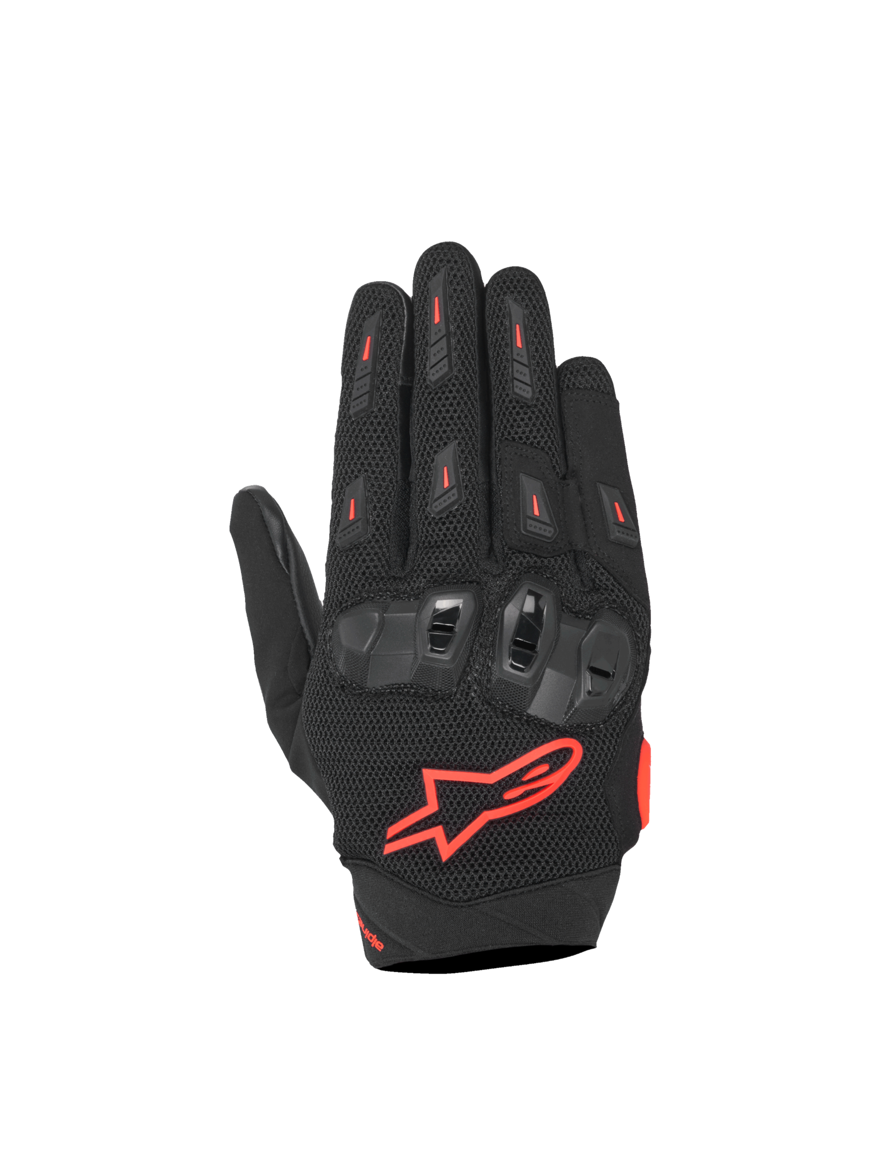 Alpinestars SP X 5 Air Gloves, black and red fluo motorcycle racing gloves with 3D mesh and TPU knuckle protection.