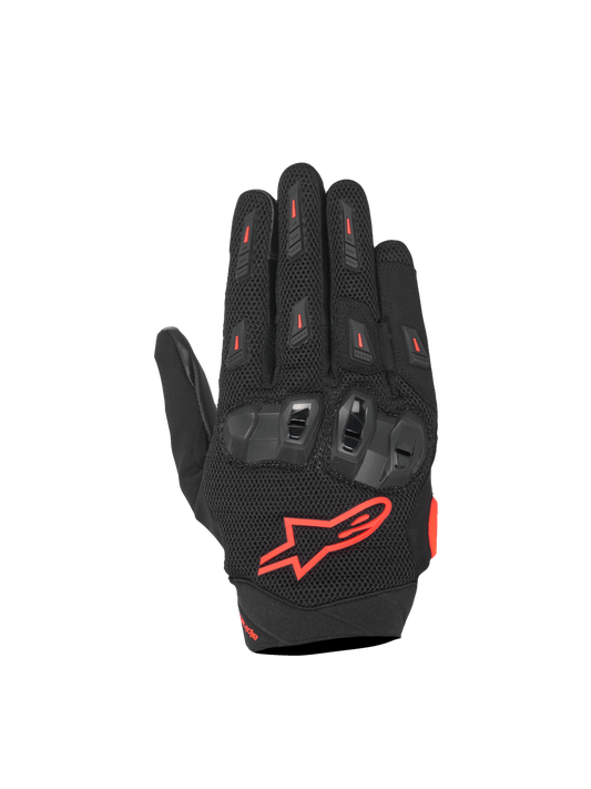 Alpinestars SP X 5 Air Gloves, black and red fluo motorcycle racing gloves with 3D mesh and TPU knuckle protection.