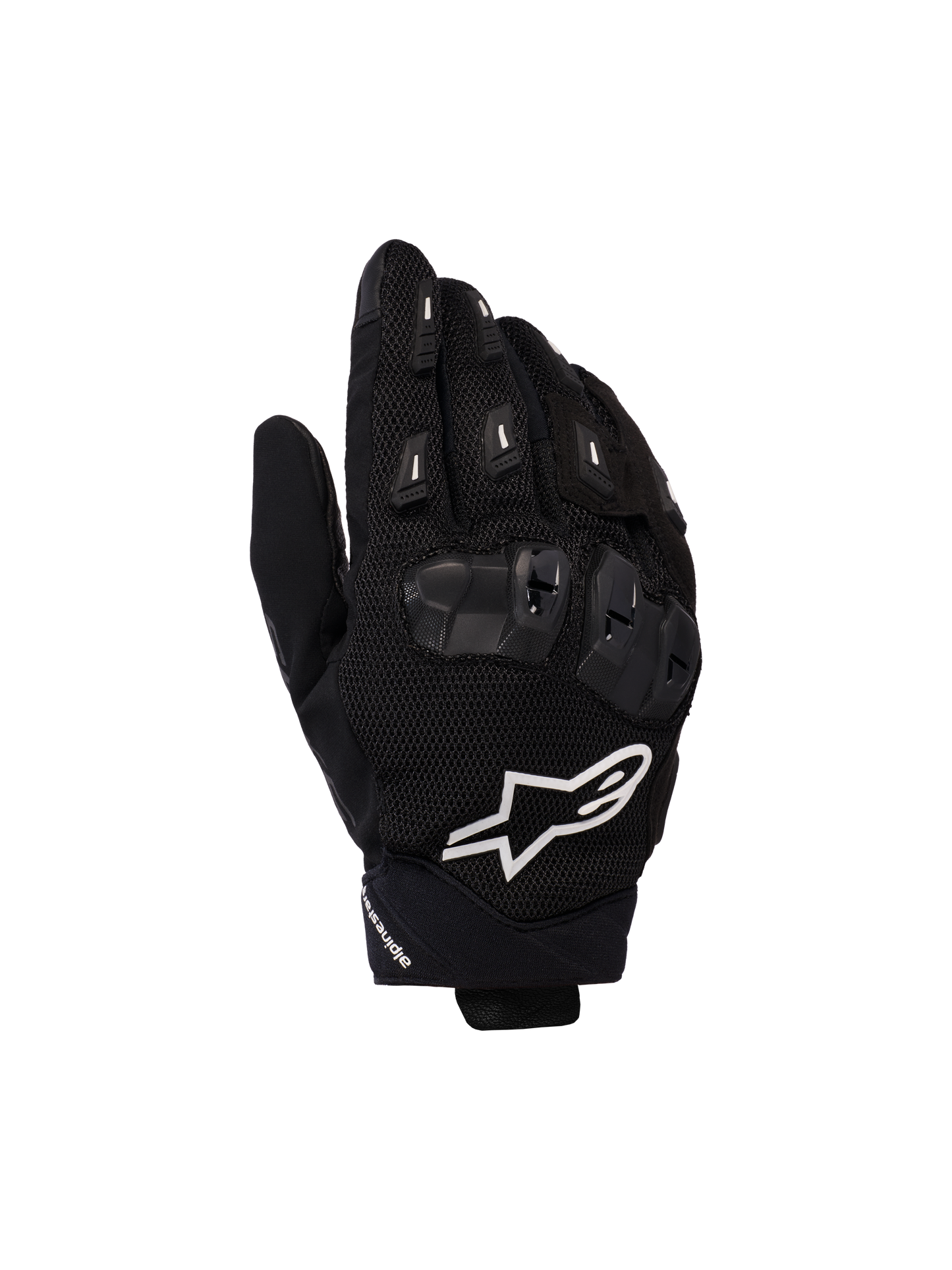 Alpinestars SP X 5 Air Gloves, Motorcycle Racing Gloves, Black with White Logo, featuring 3D mesh construction, TPU knuckle protection, and finger sliders
