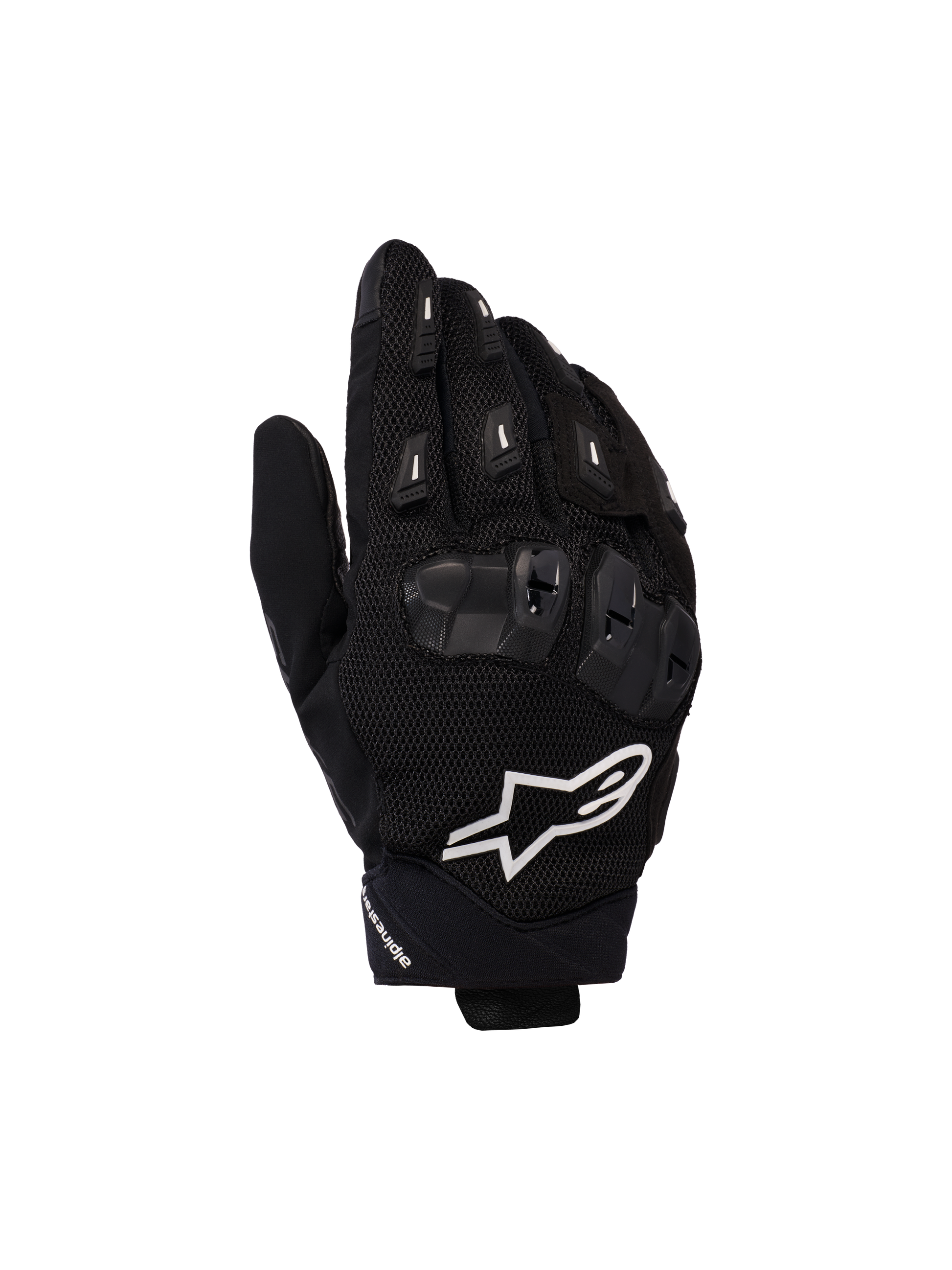 Alpinestars SP X 5 Air Gloves, Motorcycle Racing Gloves, Black with White Logo, featuring 3D mesh construction, TPU knuckle protection, and finger sliders