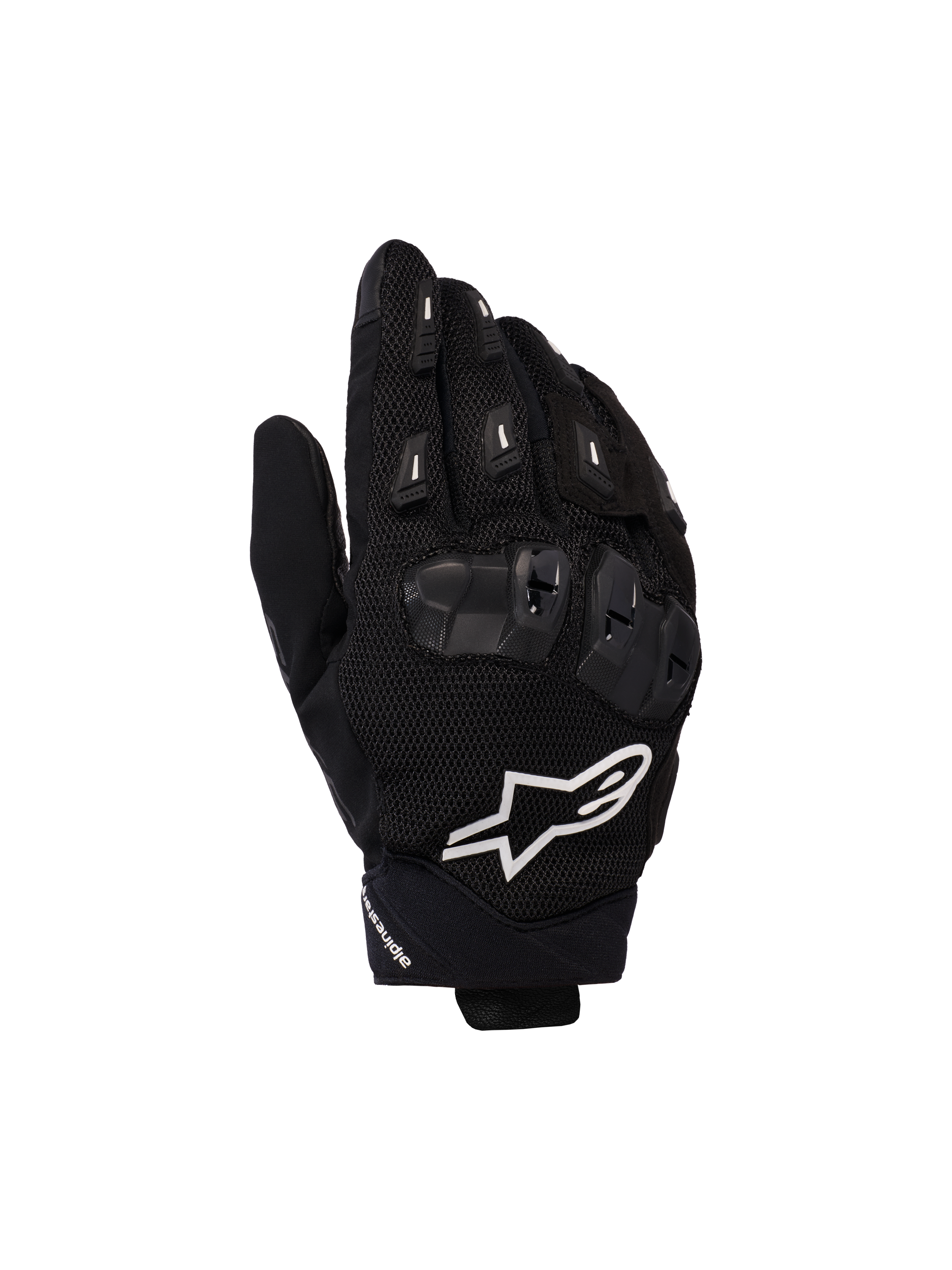 Alpinestars SP X 5 Air Gloves, Motorcycle Racing Gloves, Black with White Logo, featuring 3D mesh construction, TPU knuckle protection, and finger sliders