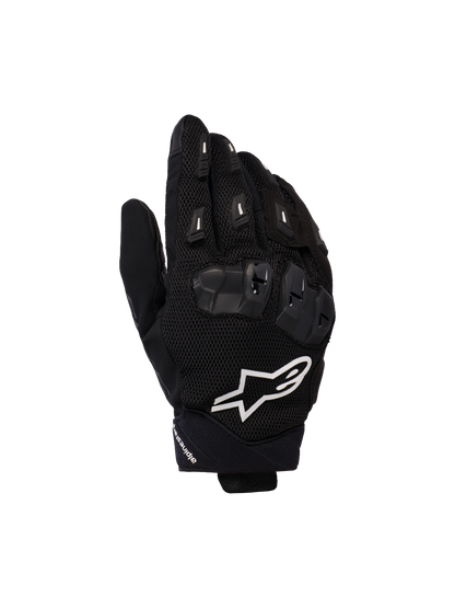 Alpinestars SP X 5 Air Gloves, Motorcycle Racing Gloves, Black with White Logo, featuring 3D mesh construction, TPU knuckle protection, and finger sliders