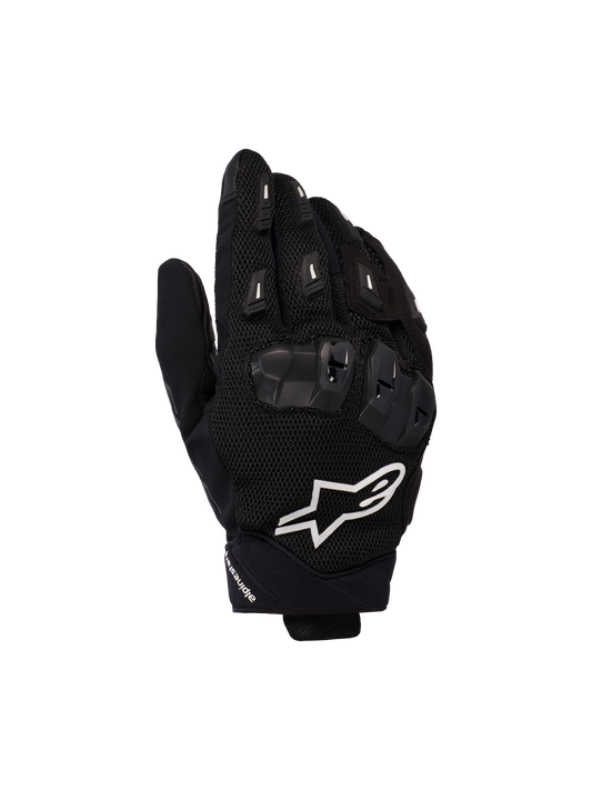 Alpinestars SP X 5 Air Gloves, Motorcycle Racing Gloves, Black with White Logo, featuring 3D mesh construction, TPU knuckle protection, and finger sliders