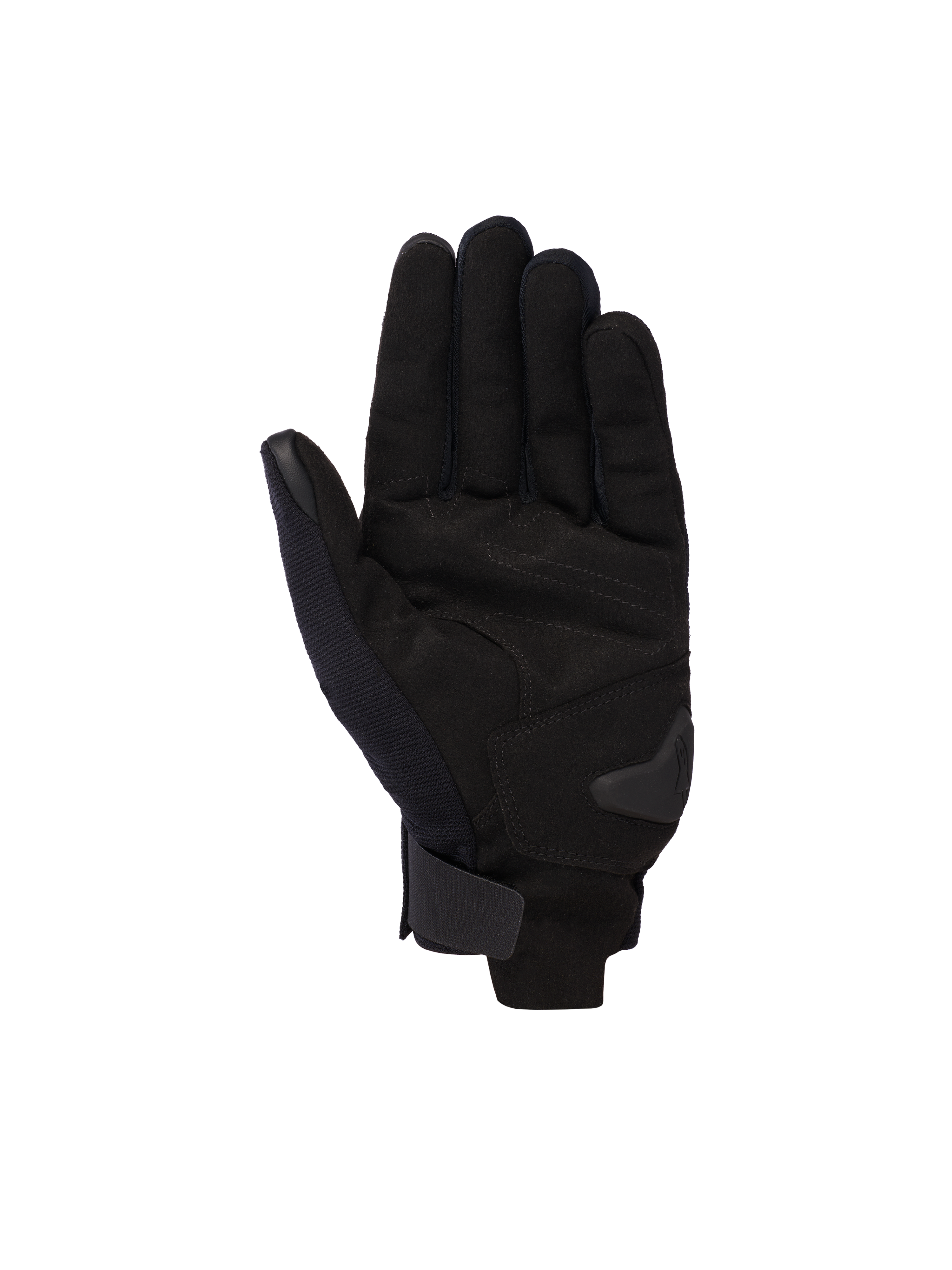 Alpinestars Reef V2 Gloves, Black, short-cuff motorcycle gloves, palm view showing synthetic suede material, reinforced palm padding, and hook-and-loop wrist closure, modern urban design for road riding