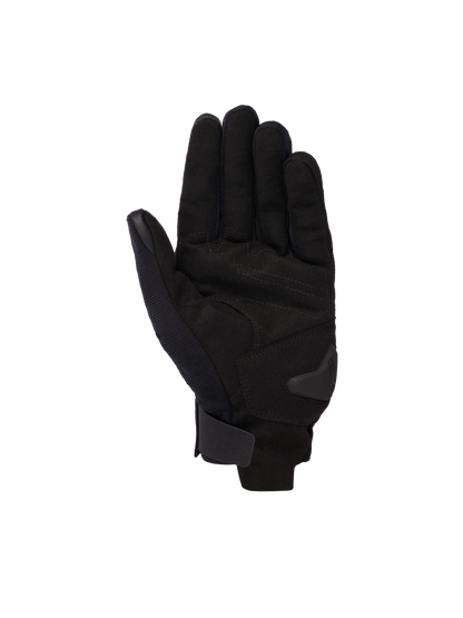 Alpinestars Reef V2 Gloves, Black, short-cuff motorcycle gloves, palm view showing synthetic suede material, reinforced palm padding, and hook-and-loop wrist closure, modern urban design for road riding
