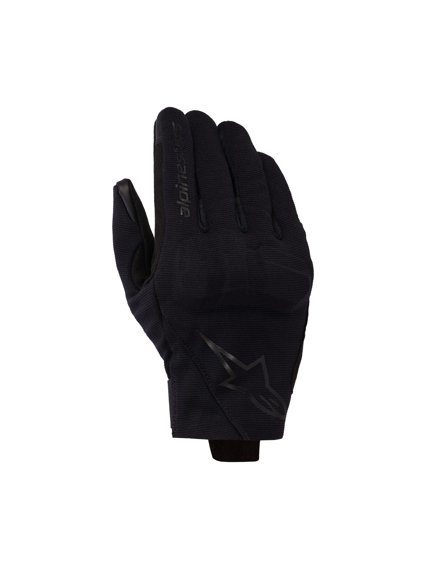 Alpinestars Reef V2 Gloves, Black, short cuff motorcycle gloves with textured stretch fabric, ergonomic design featuring brand logo on the index finger and star emblem on the back of the hand