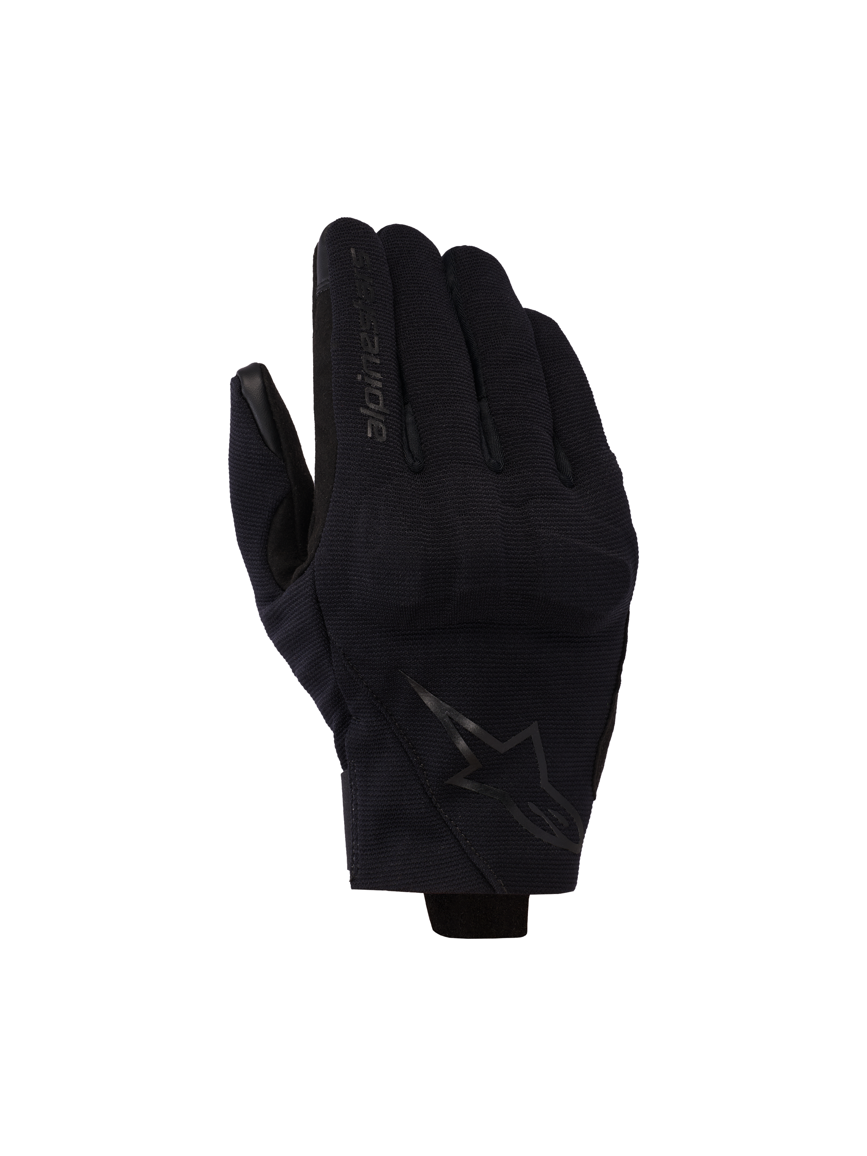 Alpinestars Reef V2 Gloves, Black, short cuff motorcycle gloves with textured stretch fabric, ergonomic design featuring brand logo on the index finger and star emblem on the back of the hand