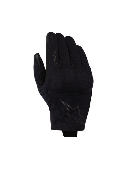 Alpinestars Reef V2 Gloves, Black, short cuff motorcycle gloves with textured stretch fabric, ergonomic design featuring brand logo on the index finger and star emblem on the back of the hand