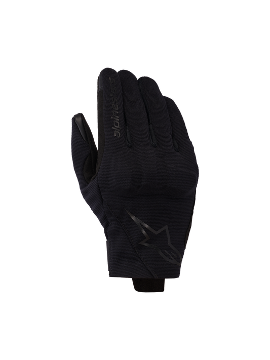 Alpinestars Reef V2 Gloves, Black, short cuff motorcycle gloves with textured stretch fabric, ergonomic design featuring brand logo on the index finger and star emblem on the back of the hand