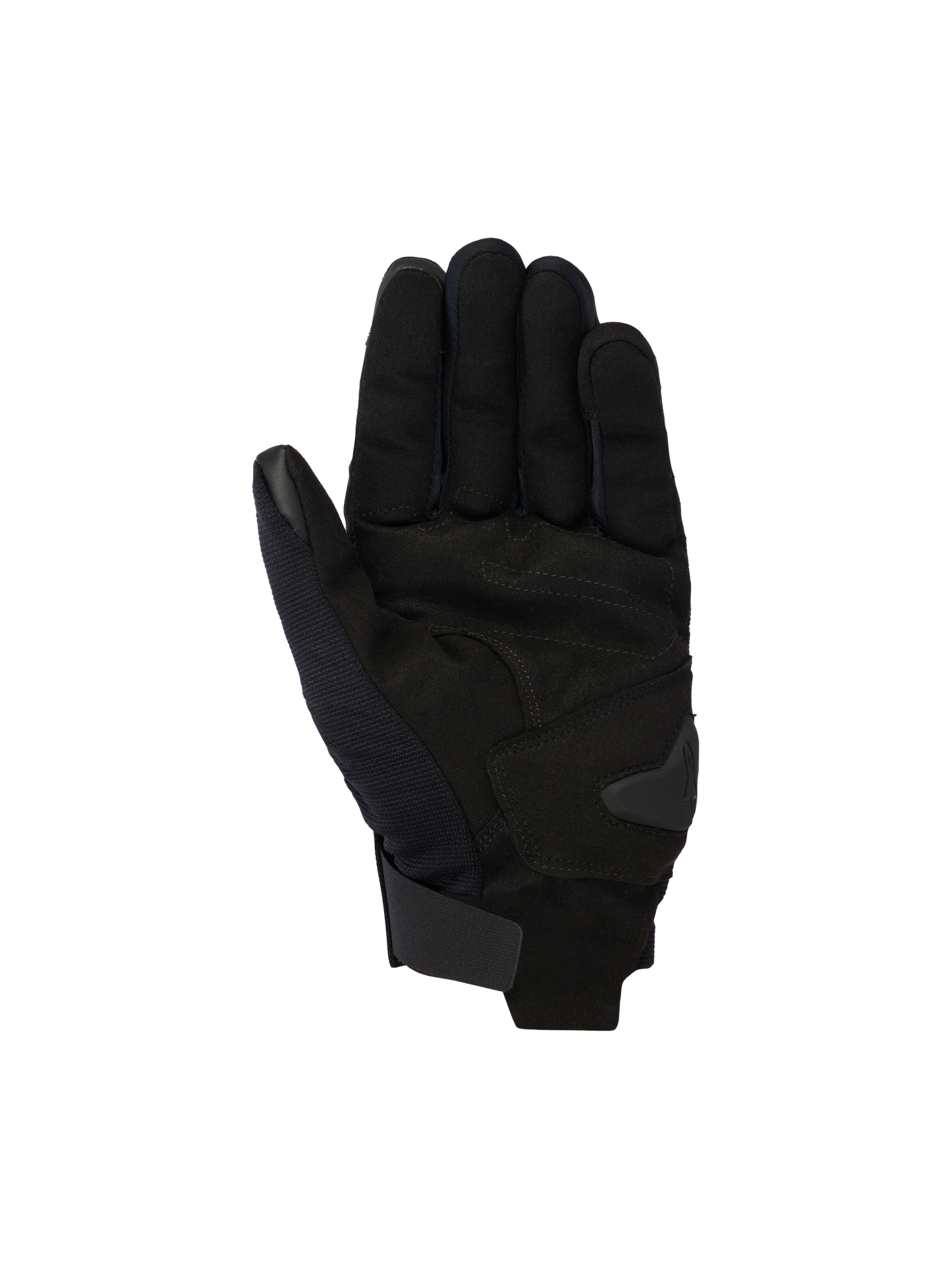 Alpinestars Reef V2 Gloves, Black Urban Motorcycle Gloves, palm view featuring synthetic suede construction with reinforced padding, short cuff with hook-and-loop closure, touchscreen-compatible index finger and thumb, ergonomic design for street riding