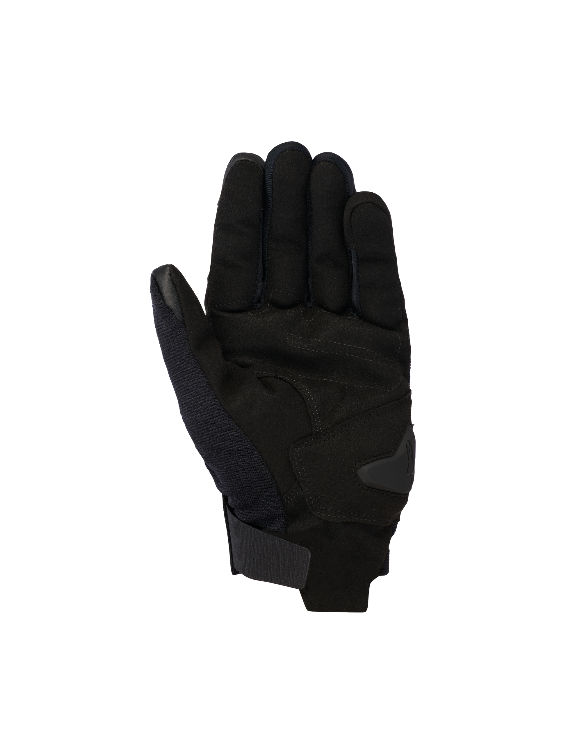 Alpinestars Reef V2 Gloves, Black Urban Motorcycle Gloves, palm view featuring synthetic suede construction with reinforced padding, short cuff with hook-and-loop closure, touchscreen-compatible index finger and thumb, ergonomic design for street riding