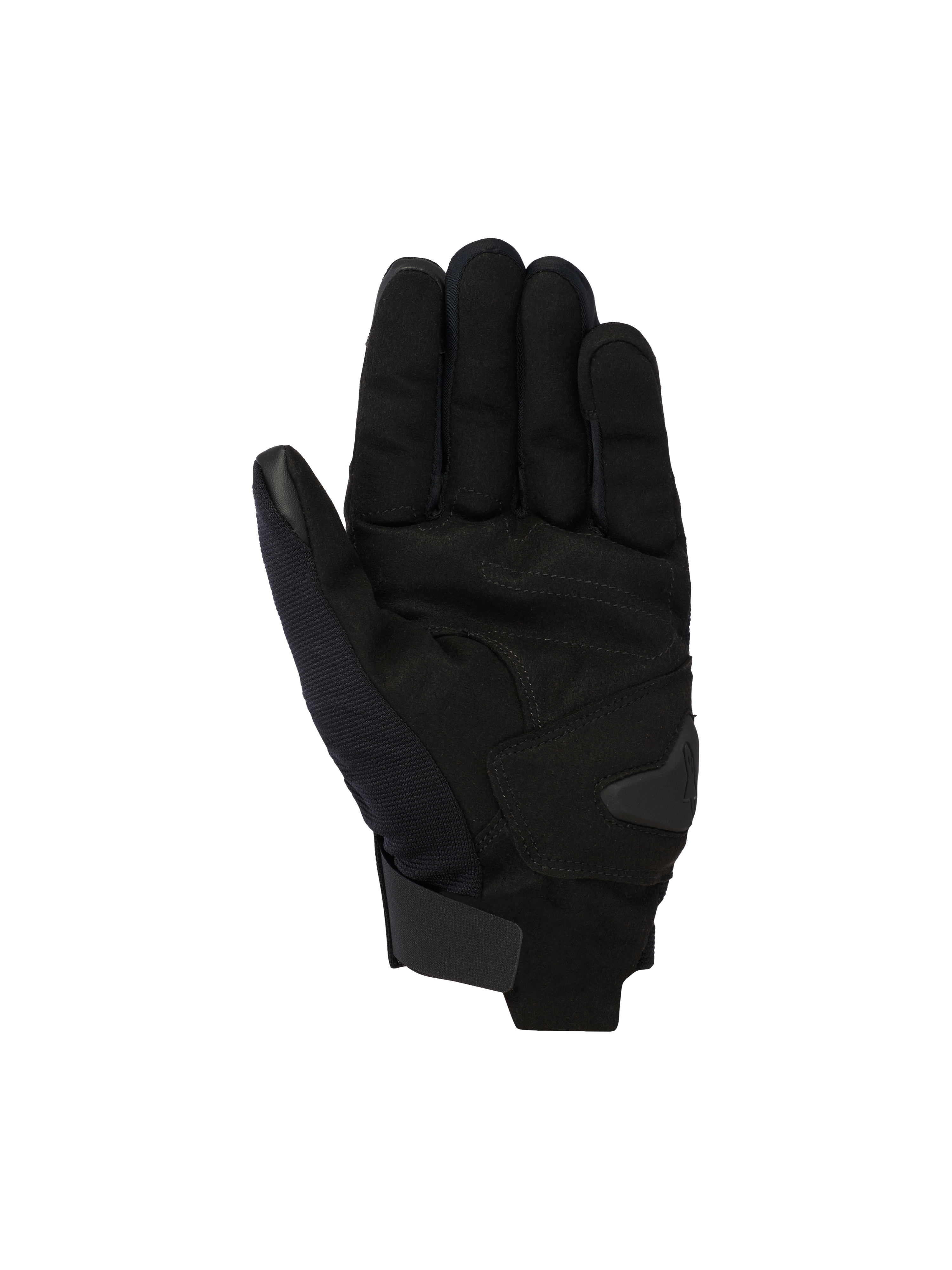 Alpinestars Reef V2 Gloves, Black Urban Motorcycle Gloves, palm view featuring synthetic suede construction with reinforced padding, short cuff with hook-and-loop closure, touchscreen-compatible index finger and thumb, ergonomic design for street riding