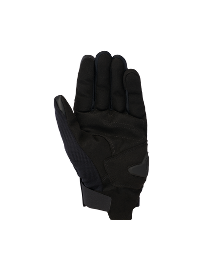 Alpinestars Reef V2 Gloves, Black Urban Motorcycle Gloves, palm view featuring synthetic suede construction with reinforced padding, short cuff with hook-and-loop closure, touchscreen-compatible index finger and thumb, ergonomic design for street riding